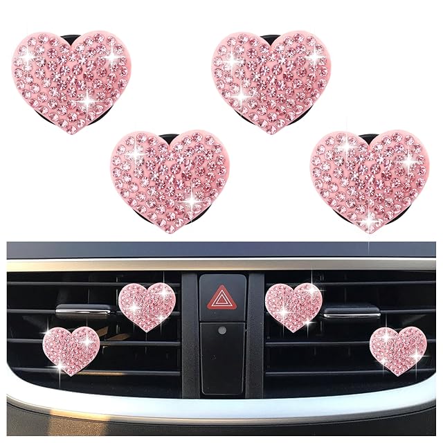 4PCS Heart-Shaped Car Vent Clips with Rhinestone Bling Air Vent Clips Car Decorations Premium Shiny Car Clips for