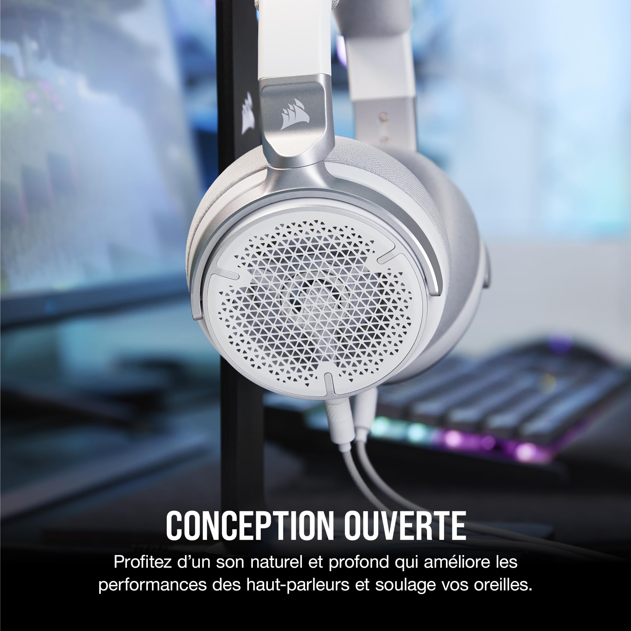 Corsair Virtuoso Pro Casque de Jeu Ouvert Filaire - Microphone Unidirectionnel Détachable - Conducteurs en Graphène de 50 mm - Réponse en Fréquence 20Hz-40 kHz - Blanc