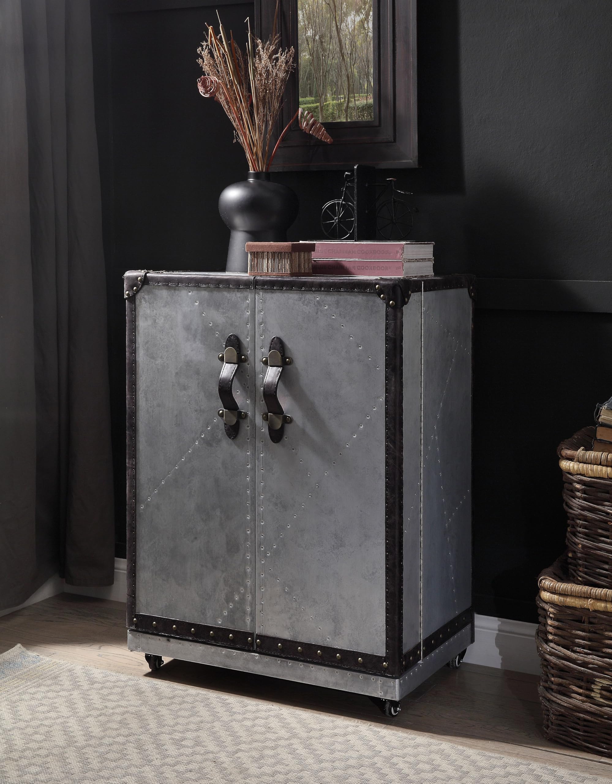 Antique Ebony and Aluminum 2 Door Wine Cabinet with Casters