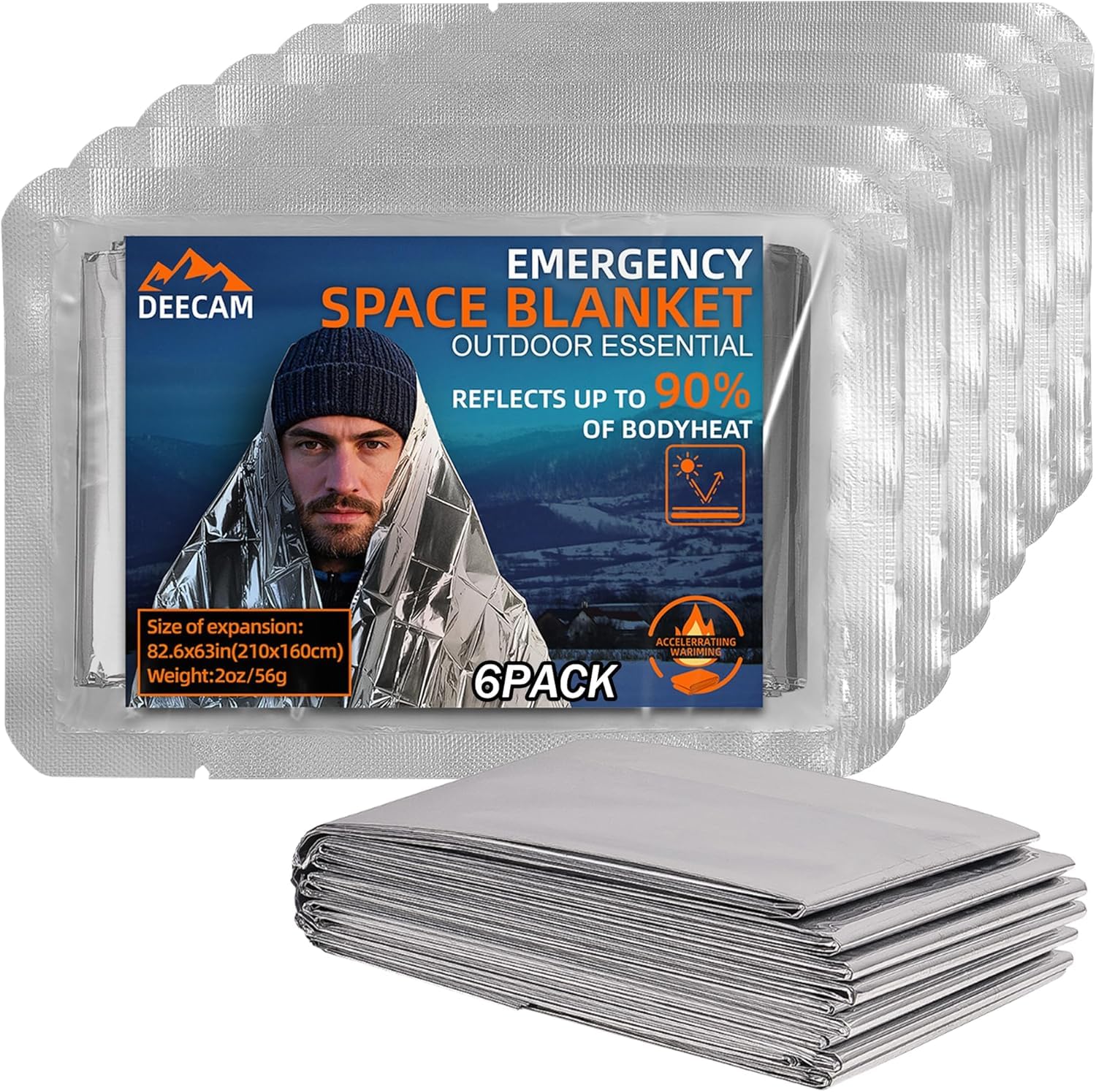 Deecam Manta Termica Supervivencia 6 Piezas,Manta Termica Emergencia Plata, 210 ×160 cm, Manta de Emergencia Protege del Frío, la Lluvia, el Viento
