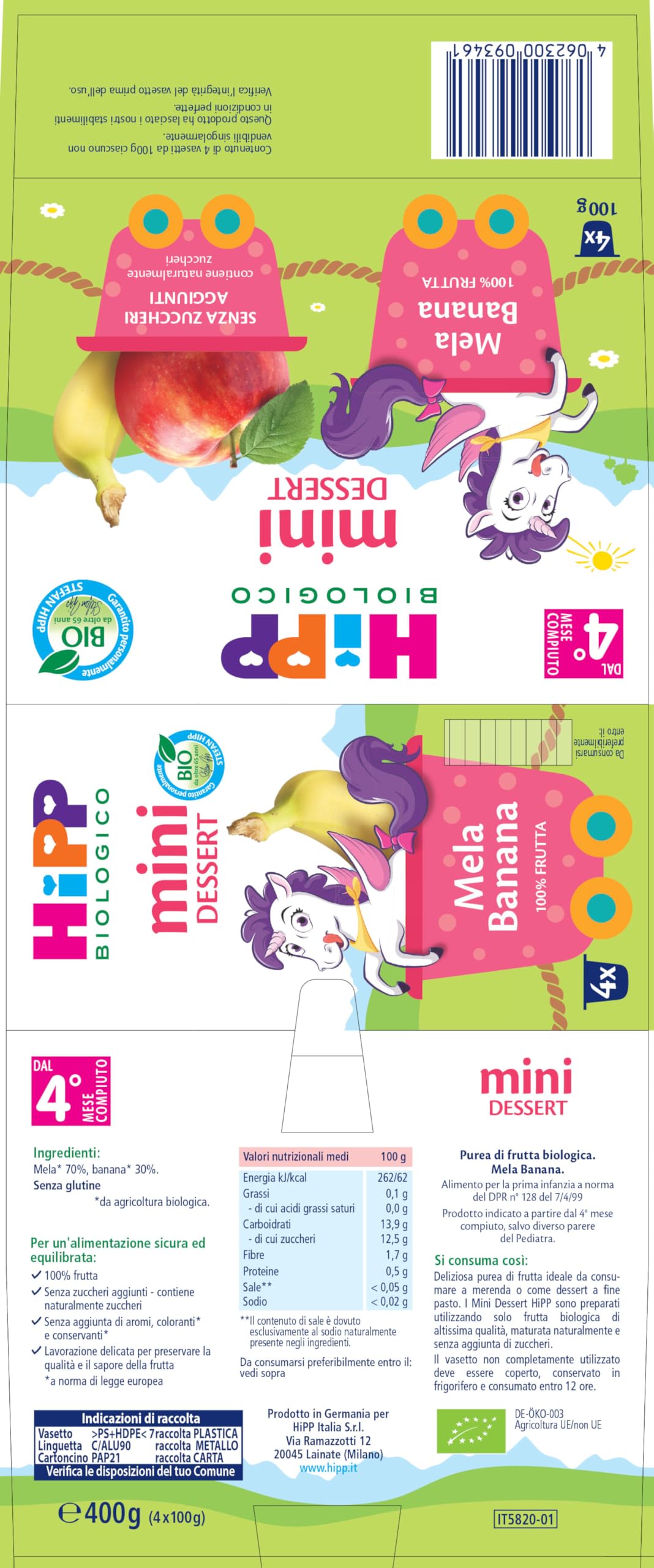 HiPP - Nuovi Mini Dessert, Frutta Grattugiata Bio, Mela e Banana, Confezione da 24 Vasetti da 100 g
