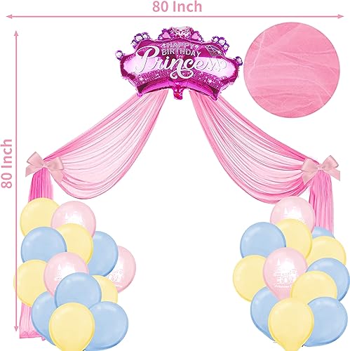Miniatura 4 de Suministros de fiesta de princesa para niñas de 5 años, decoraciones de cumpleaños para niñas con 28 globos, telón de fondo de tul de princesa con