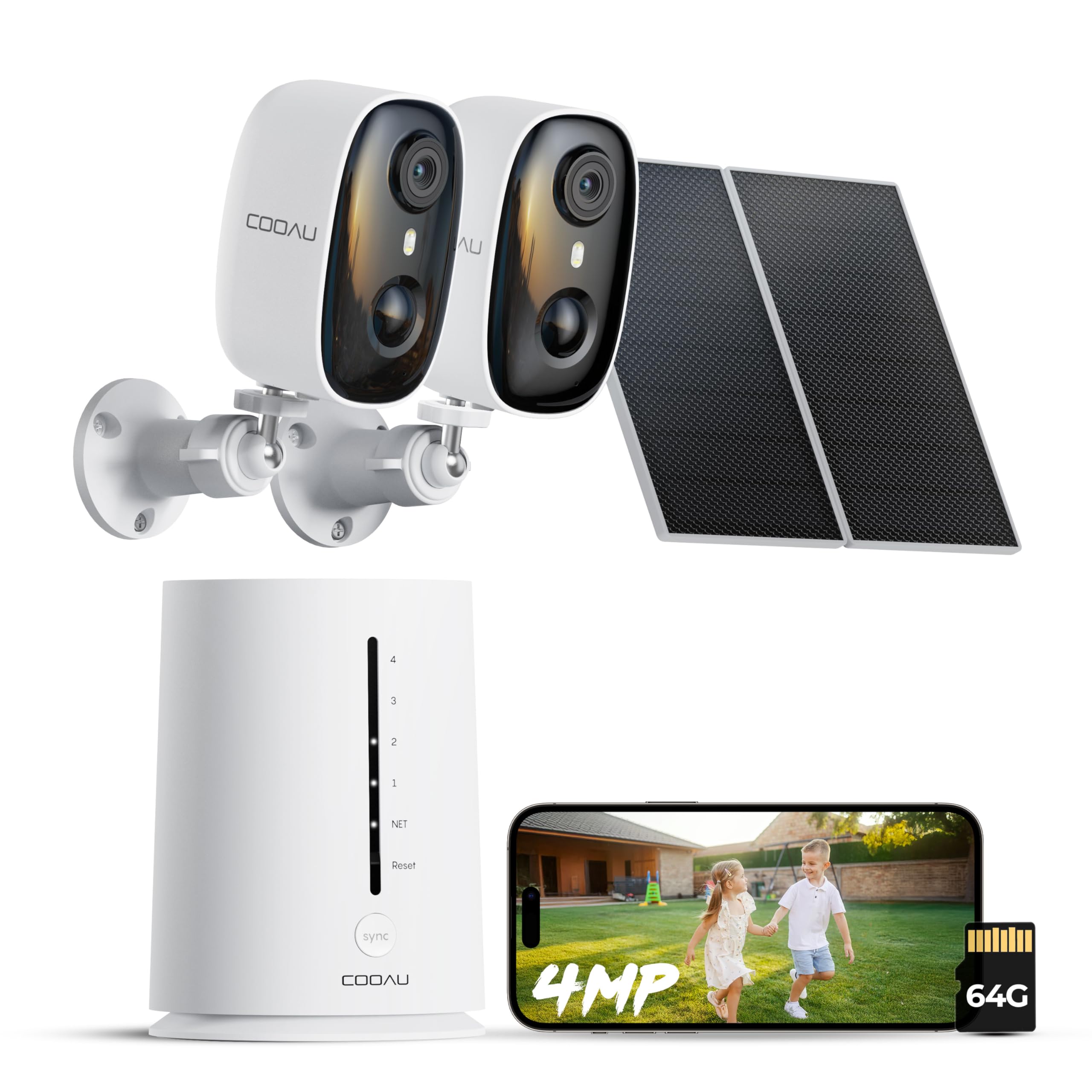 COOAU 4MP Camera Surveillance WiFi exterieure sans Fil, Stockage Local 64 Go, Kit 2 Caméras + Base, sans Abonnement, 365 Jours avec Technologie Solaire BC, WiFi 2.4/5GHz - 1