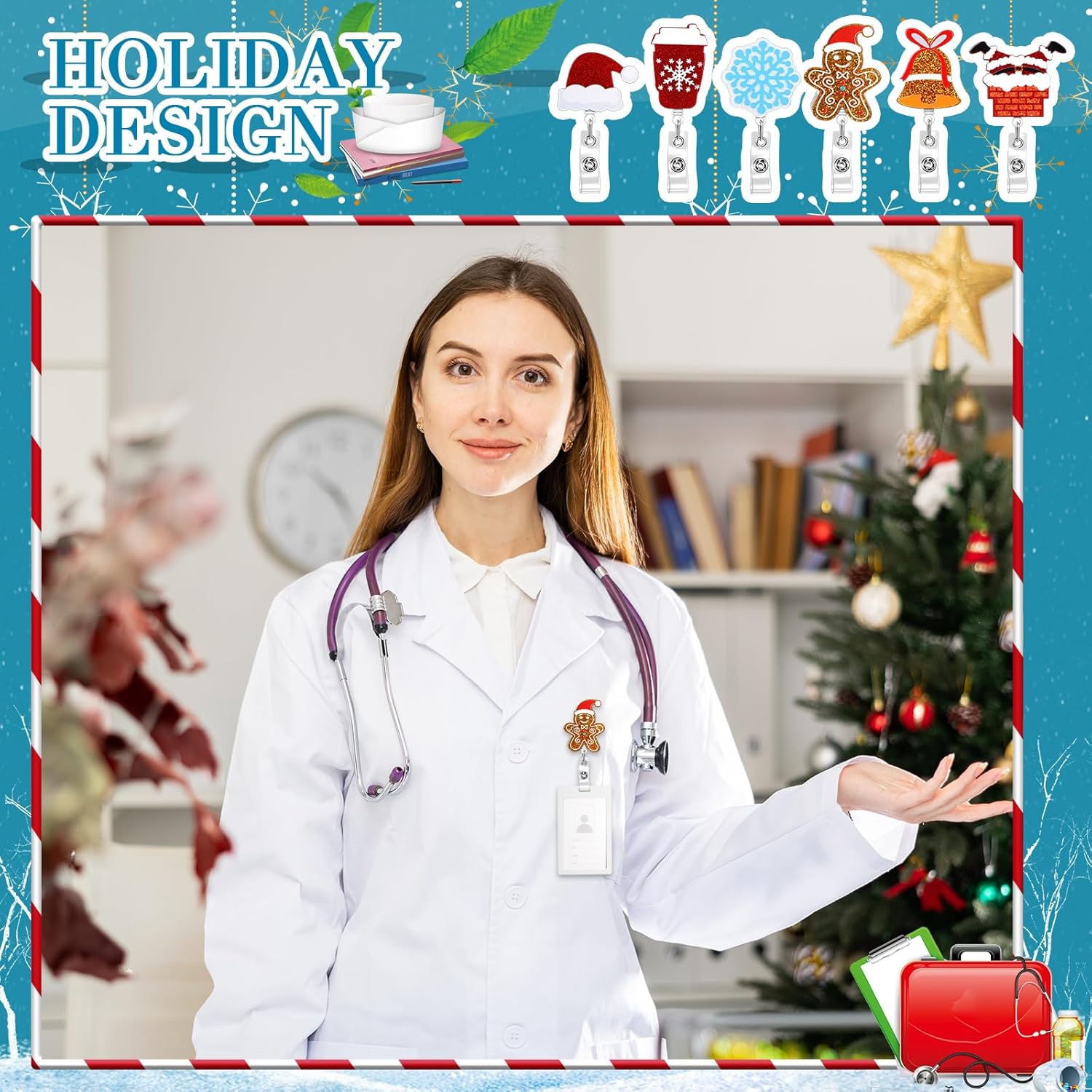 Crtiin 30 Pcs Christmas Acrylic Retractable Badge Reel Holiday ID Holder with Santa Claus & Snowman Christmas Alligator Clip Reel for Nurses, Doctors & Office Staff