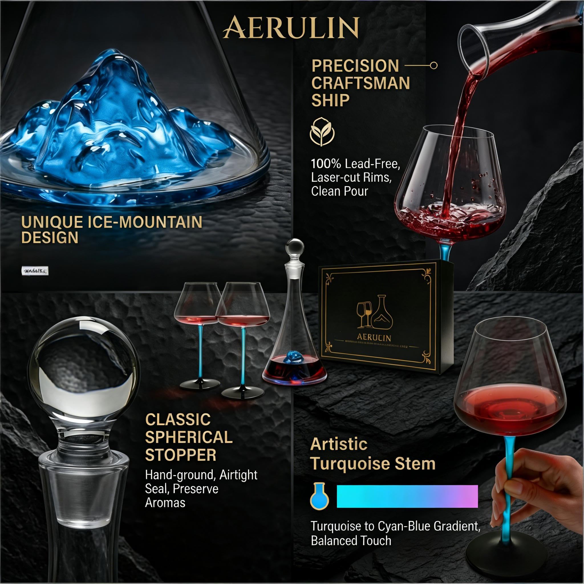1150ml Carafe à Vin avec 2 Verres à Pied Bleu et Bouchon, Décanteur à Vin Rouge en Cristal Sans Plomb avec Montagne 3D, Coffret Cadeau Luxe pour Anniversaire et Mariage