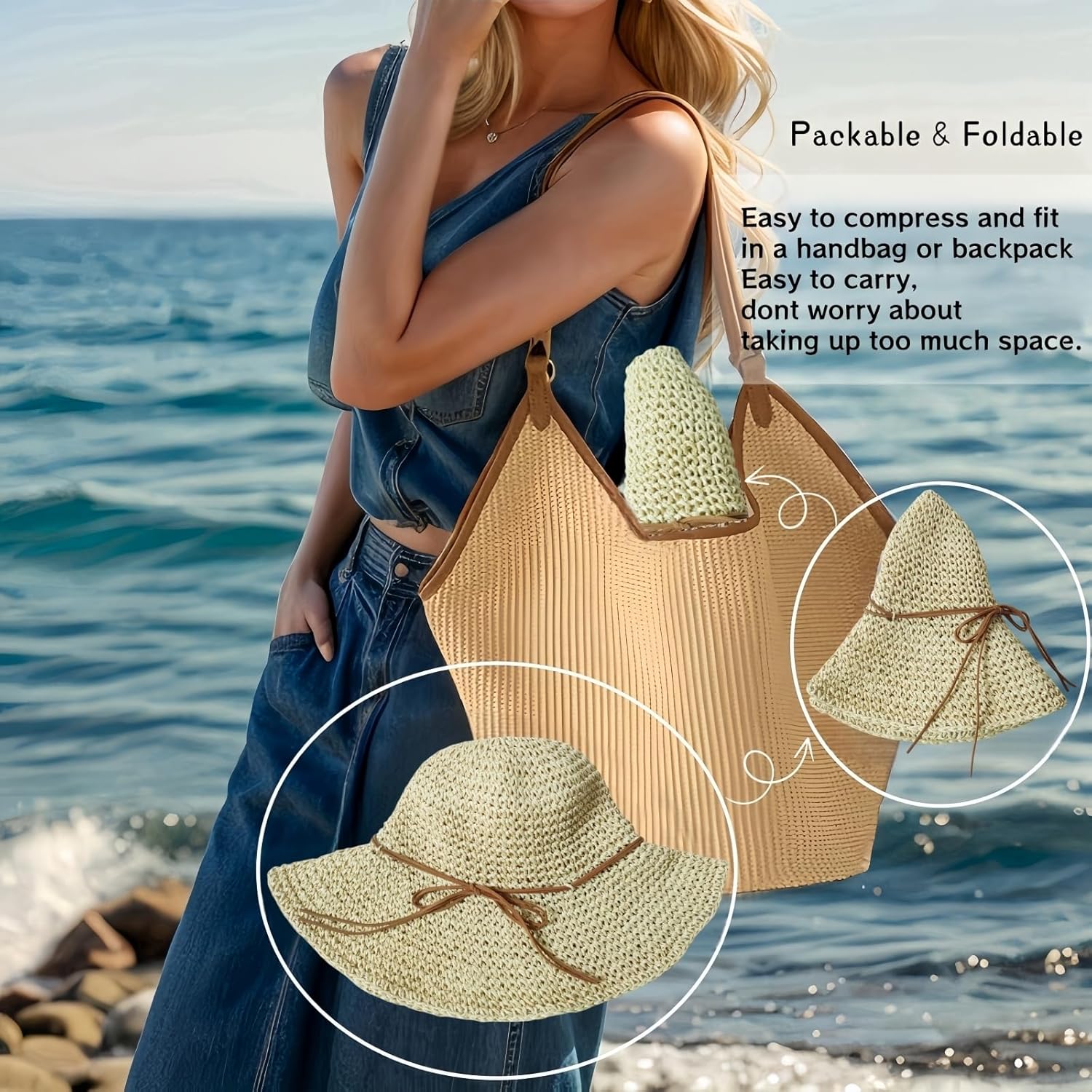 Womens Straw Beach Sun Hats, Foldable Packable Floppy Handmade Crochet Hats for Women,Large Summer Vacation Wide Brim Hat - Image 5