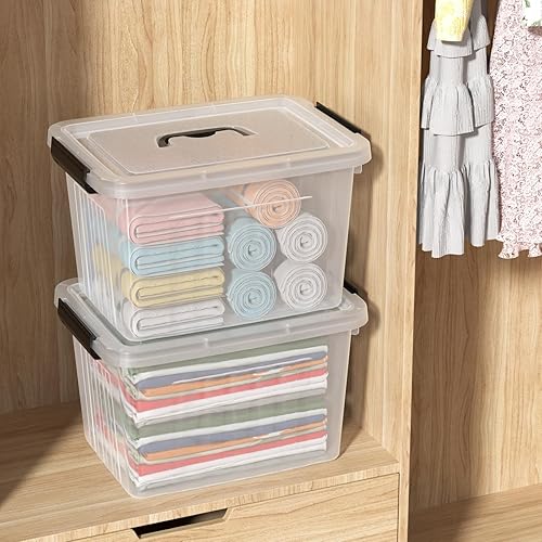 Miniatura 5 de Caja de plástico de 20 litros, cajas transparentes con tapa con asas negras, juego de 4