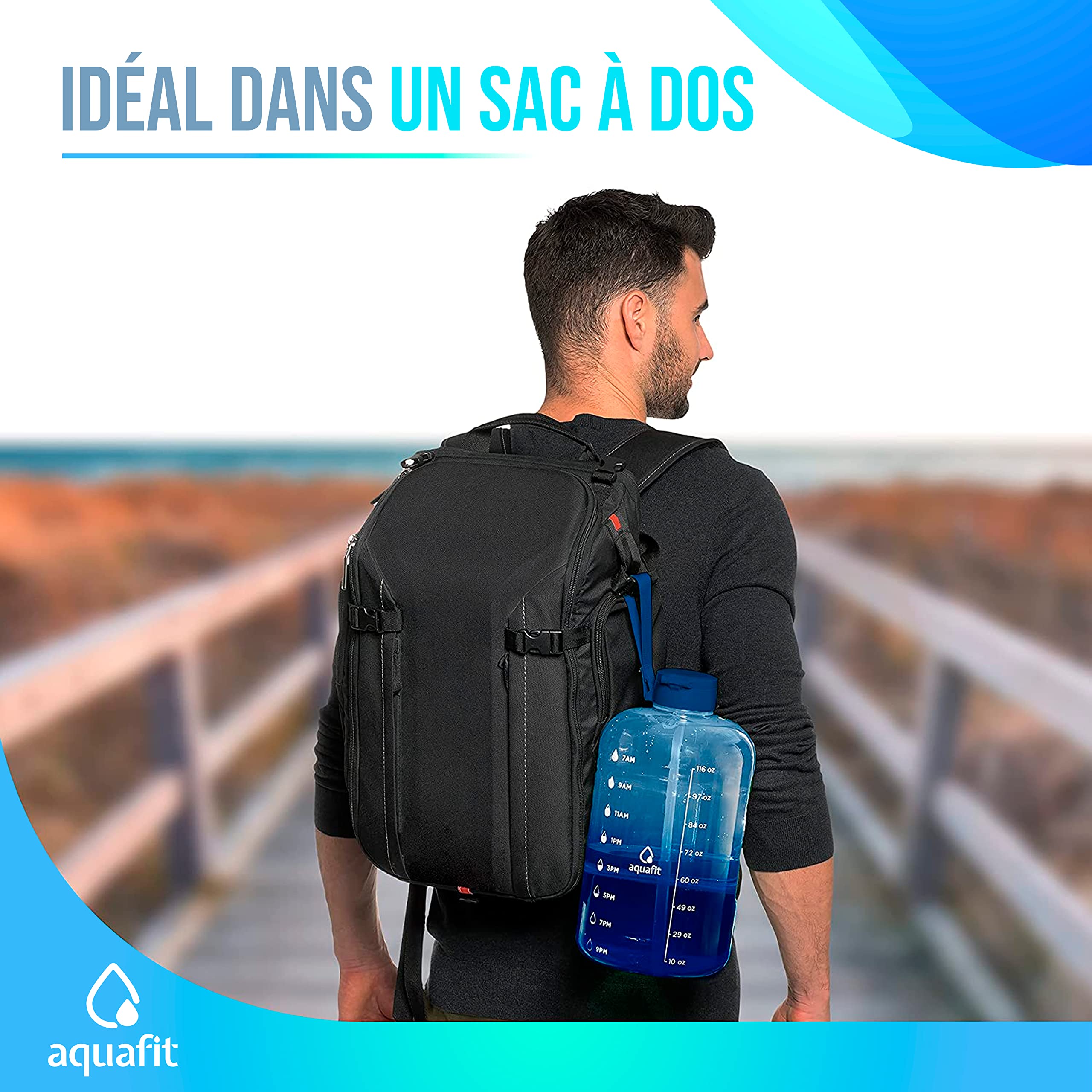 AQUAFIT Gourde 2l (2300 ml) avec Paille - Gourde graduée pour 1 Journee - Gourde Motivation - Bouteille d Eau Motivante avec Poignée - Idéale pour Transporter