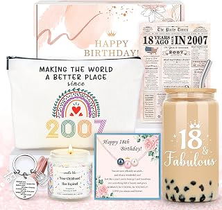 18th Birthday Gifts for Girls 18 Year Old Girl Birthday Gifts for 18 Year Old Girl Gift Ideas Happy 18th Bday Decoration Presents Set with Glass Cup Makeup Bag Candle Necklace Keychain for Daughter