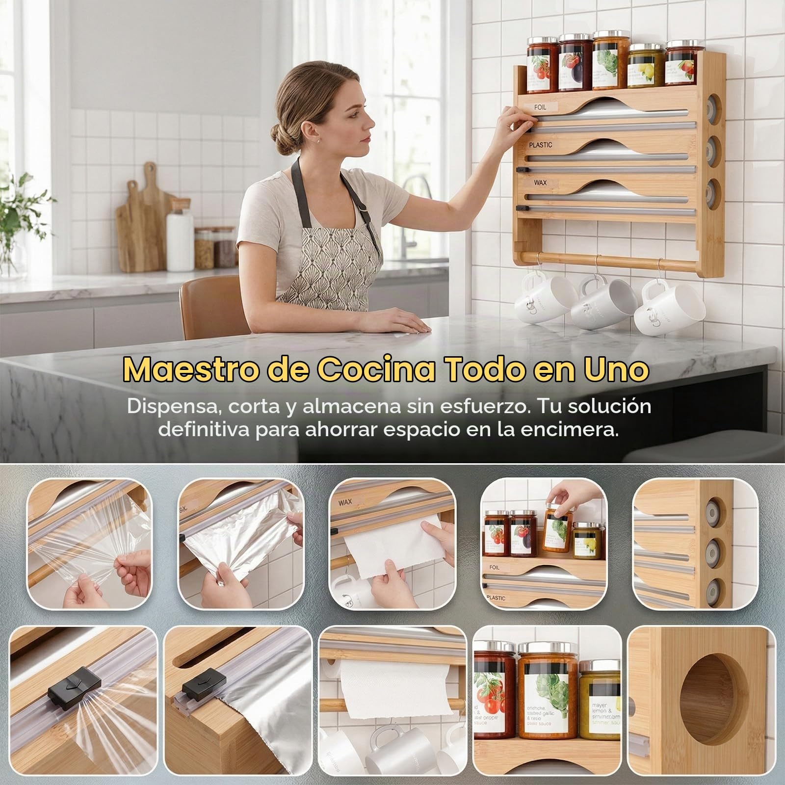 Dispensador Papel Aluminio y Film con Cortador, Portarrollos Cocina Pared 5 en 1 de Bambú, Organizador Film Transparente con Estante Especias