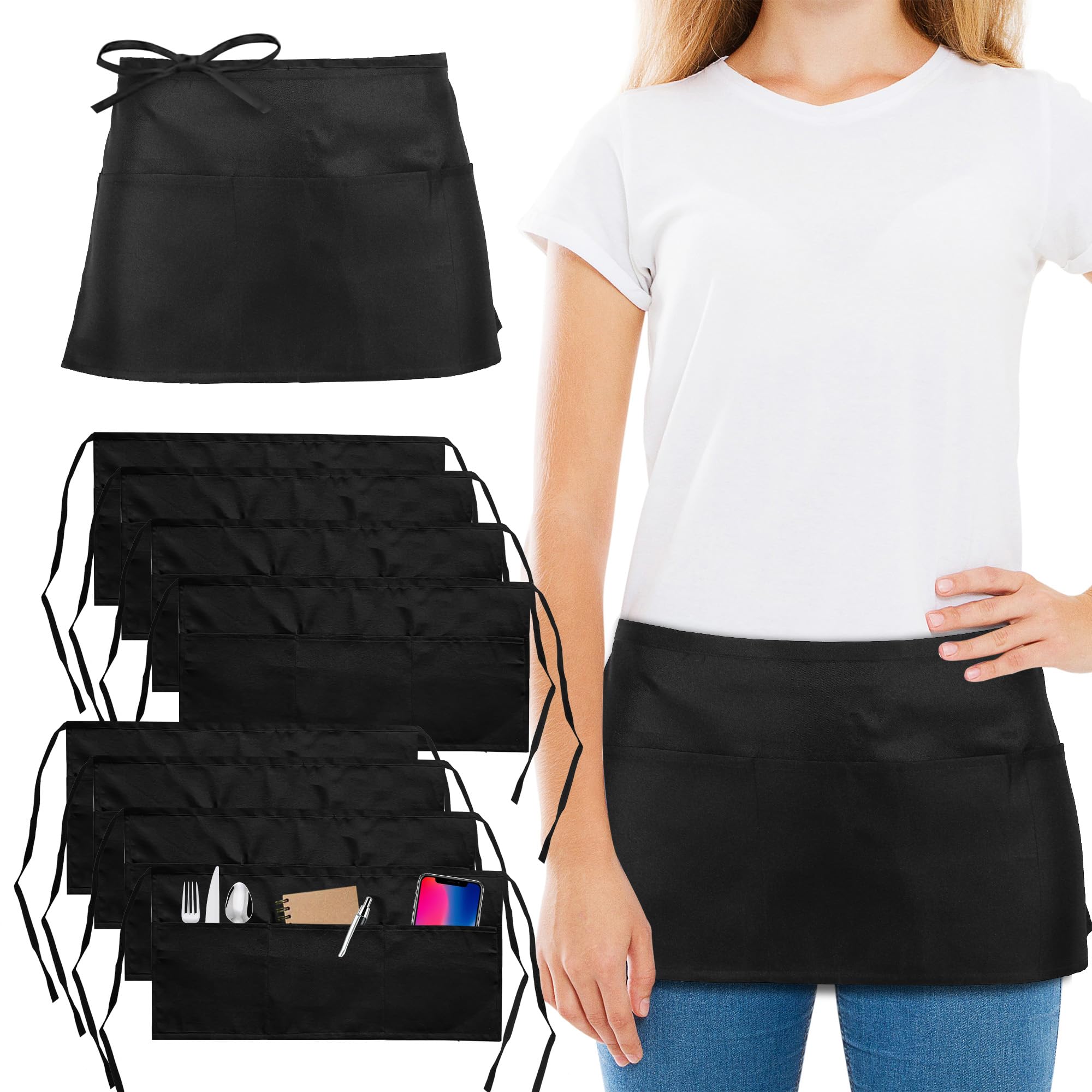 YKUKIZEE 8 Pack Black Short Waist Apron with Pockets, Half Apron with 3 Pockets, 60x30 cm Waitress Aprons with Pocket for Catering Chef Restaurant Waiter Cooking Baking Women Men