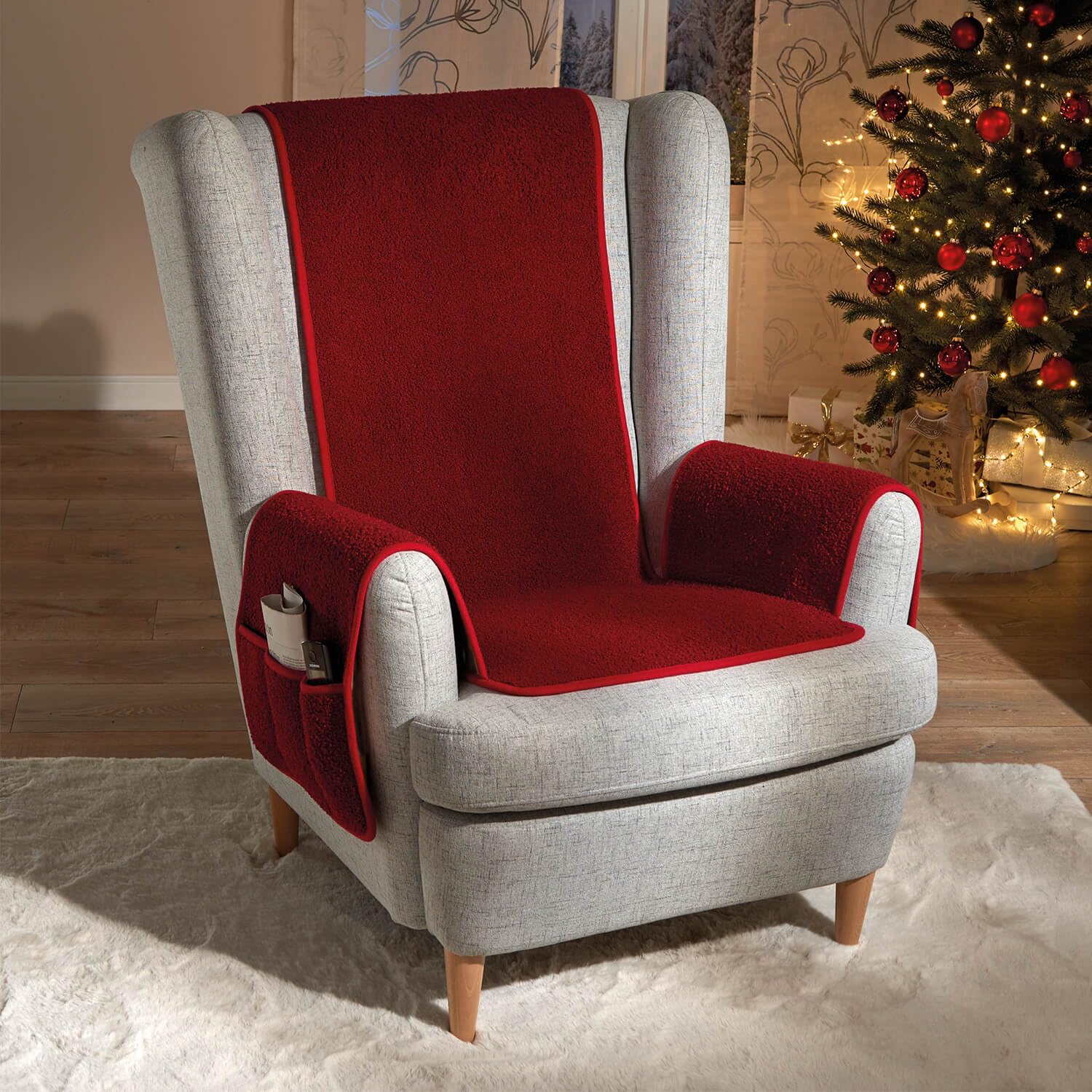 Coopers of Stortford Sherpa Fleece Non-Slip Armchair Protector With Side Pockets | Beige Or Burgundy (Burgundy)