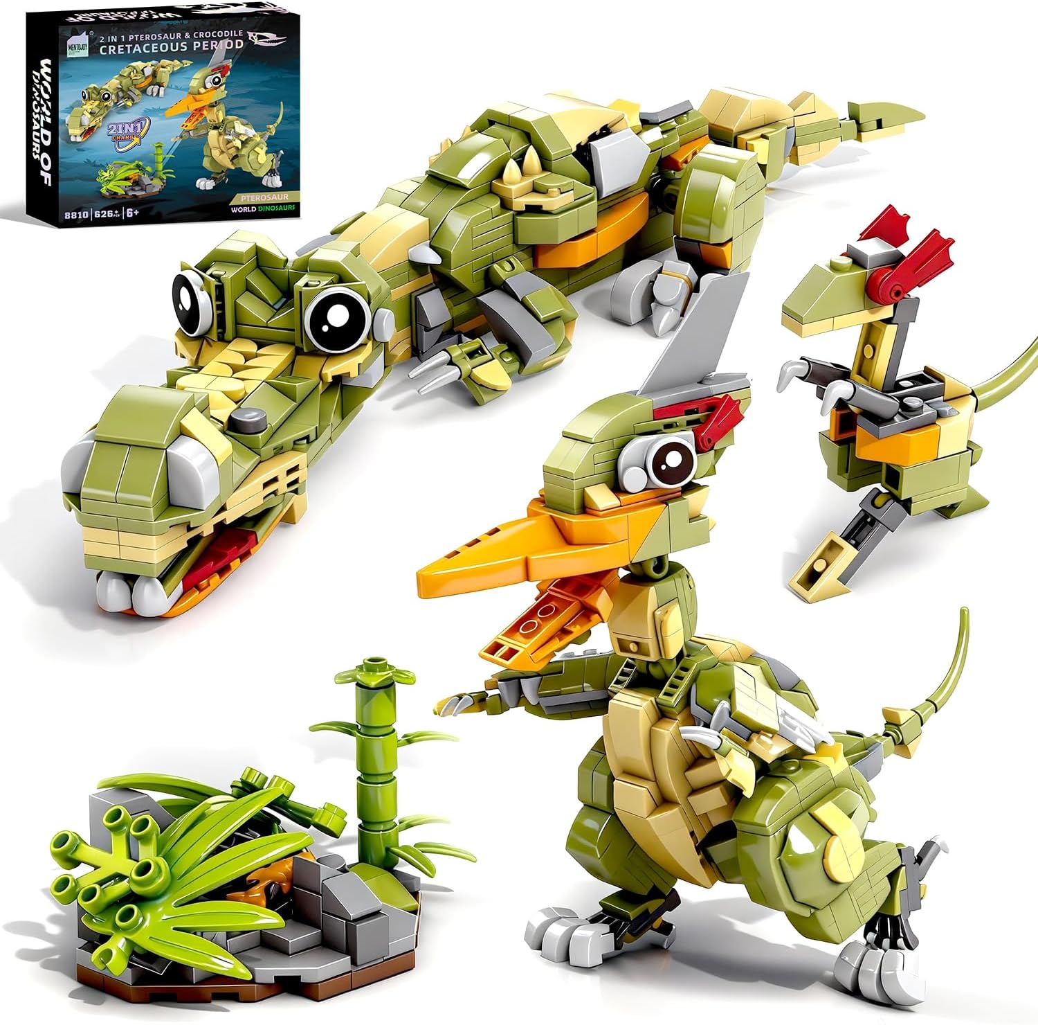 MENTOJOY 2-in-1 Pterosaur & Crocodile Building Blocks Model- 626 Pcs Jurassic STEM Toy | Kids Ages 6-12