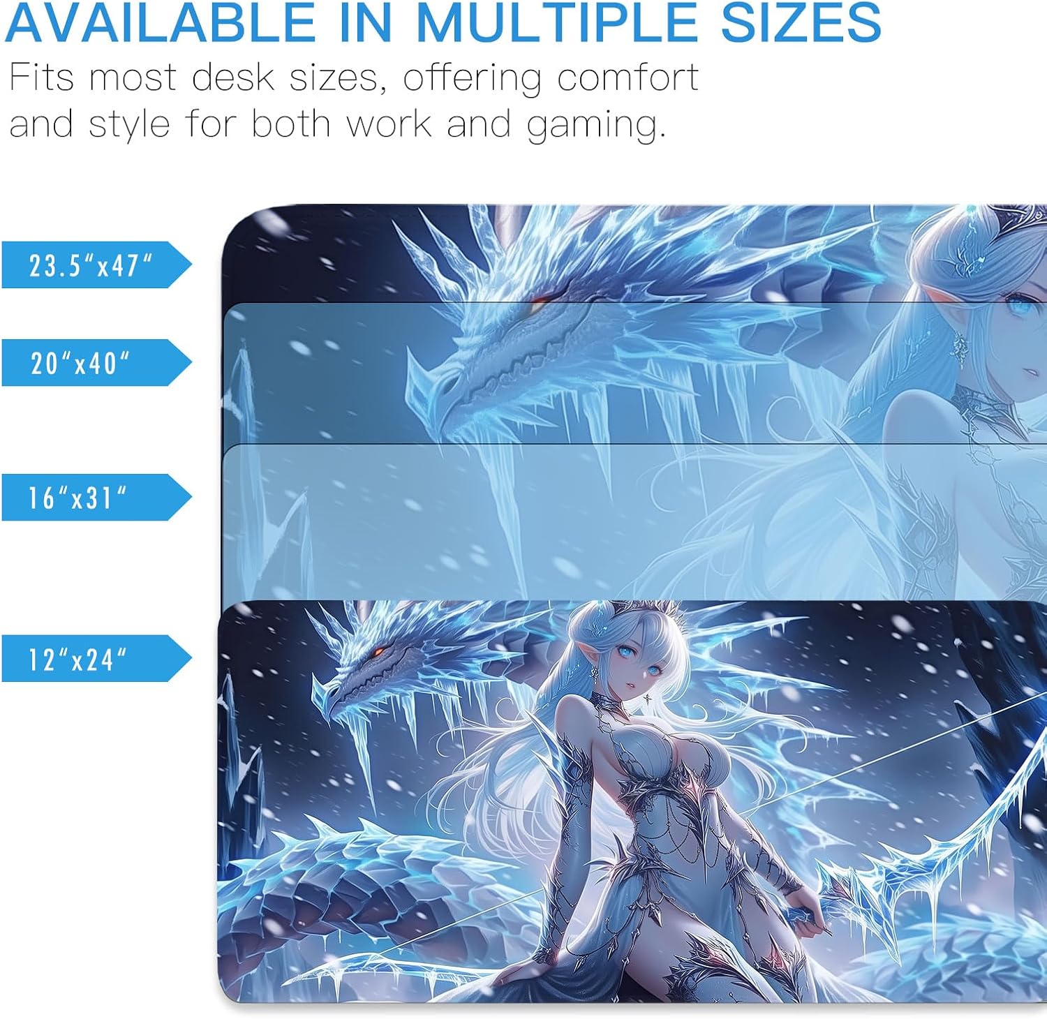 Anime Elf Girl Waifu Large Mouse Pad, Dark Fantasy Frost Ice Dragon Mouse Mat for Desk, Large Keyboard Mats, Game Room Desktop Decor, 4mm Thick Office Full Desk Mat, 80x40cm 31″x16″ image 3