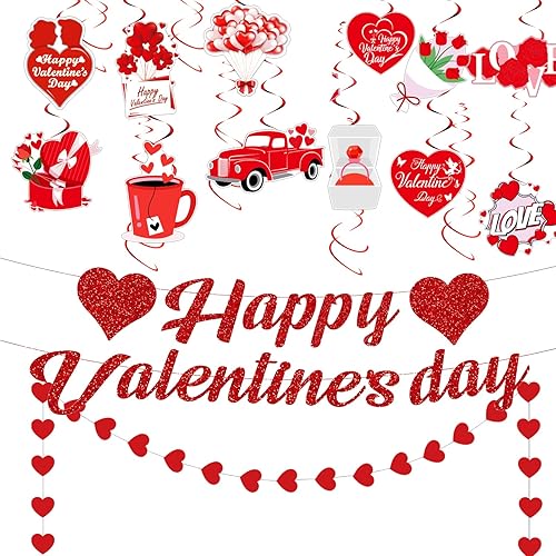 Qpout El juego de decoraciones para el día de San Valentín incluye 1 pancarta brillante de feliz día de San Valentín 18 unidades serpentinas