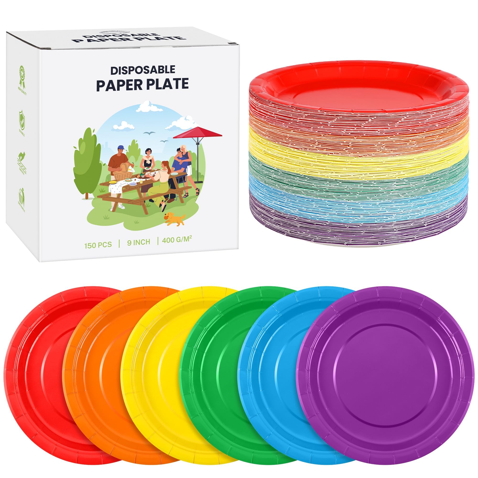 Kochorie Einweg-Pappteller, Regenbogenfarben, 22,9 cm, strapazierfähig, einfarbig, Tischdekoration, Partyzubehör für Geburtstage, Hochzeiten, den täglichen Gebrauch, 150 Stück
