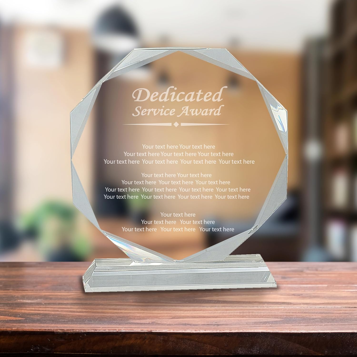 7 1/4" Clear Crystal Octagon Dedicated Service Award, Custom Engraved Glass Award Plaque for Employees, Appreciation, Recognition