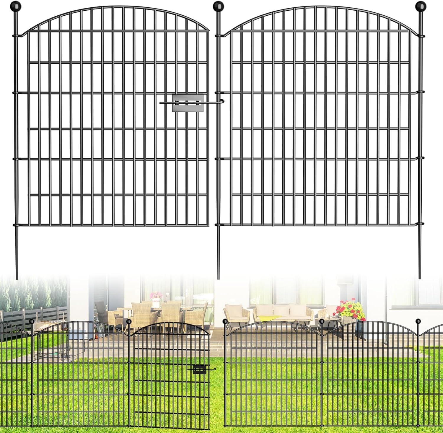 HEYOUTH Vallas de Jardín Exterior de 10 Paneles,Vallas Decorativas de Jardín de Acero,Arco superior Valla para Estanque,770x80 cm Cerca de Privacidad de Metal,para Patio Terraza Negro (Con cerradura)