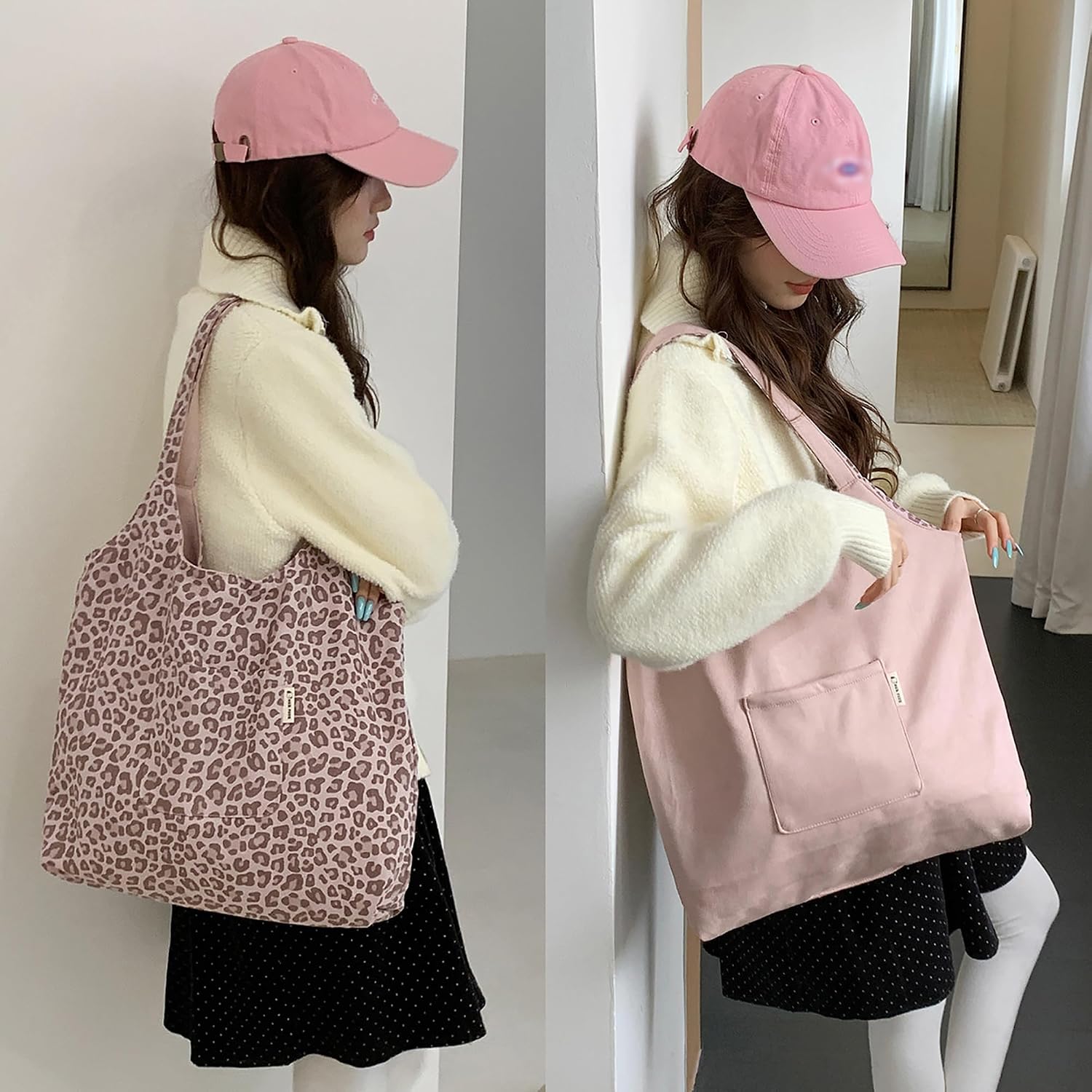 Women's Suede Tote Bag Leopard Print Shoulder Handbag Reversible Open Top Satchel Purse