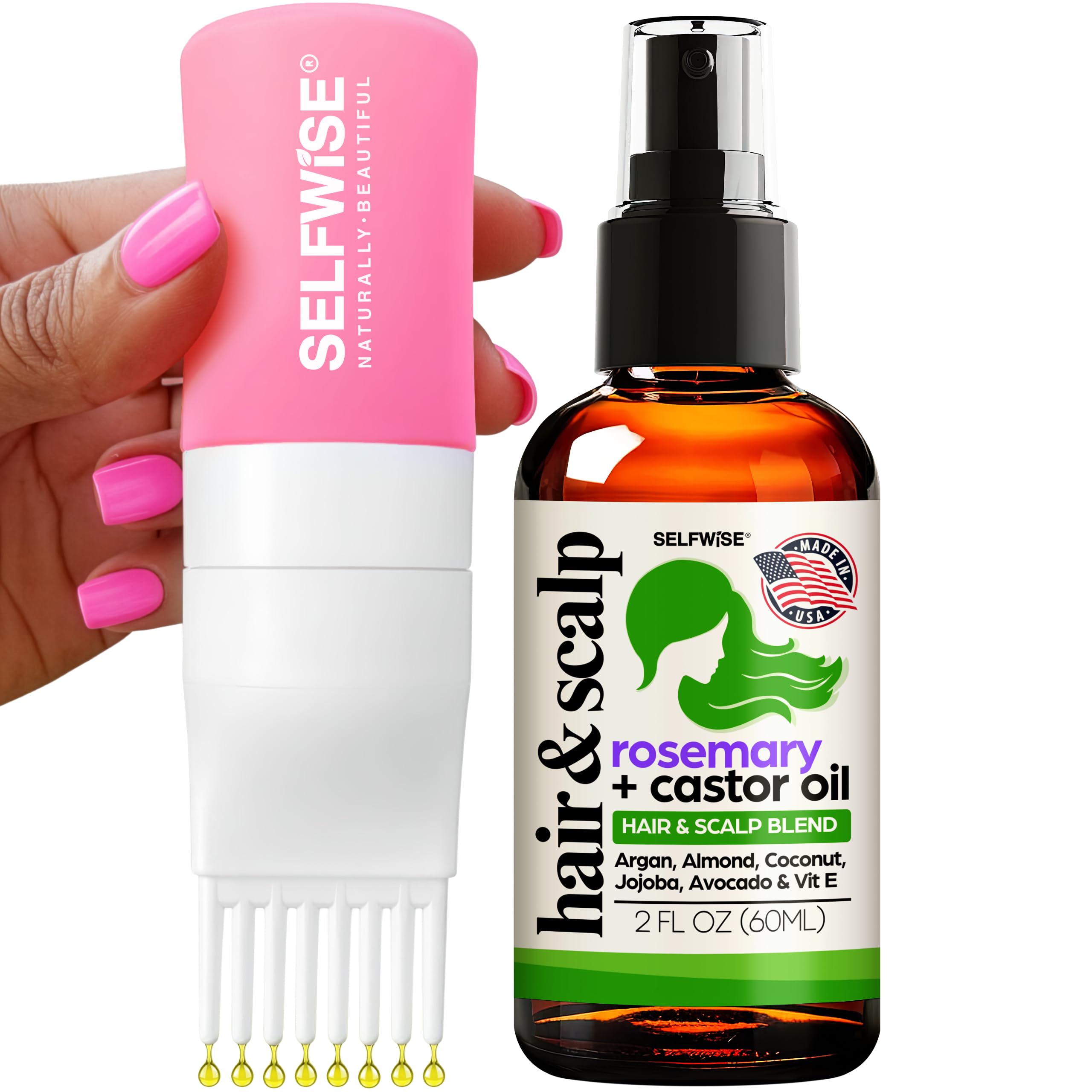 Organic Rosemary Oil For Hair Growth + Applicator with Castor, Argan, Coconut, Almond, Jojoba, Avocado, Vitamin E & Peppermint for Hair & Scalp