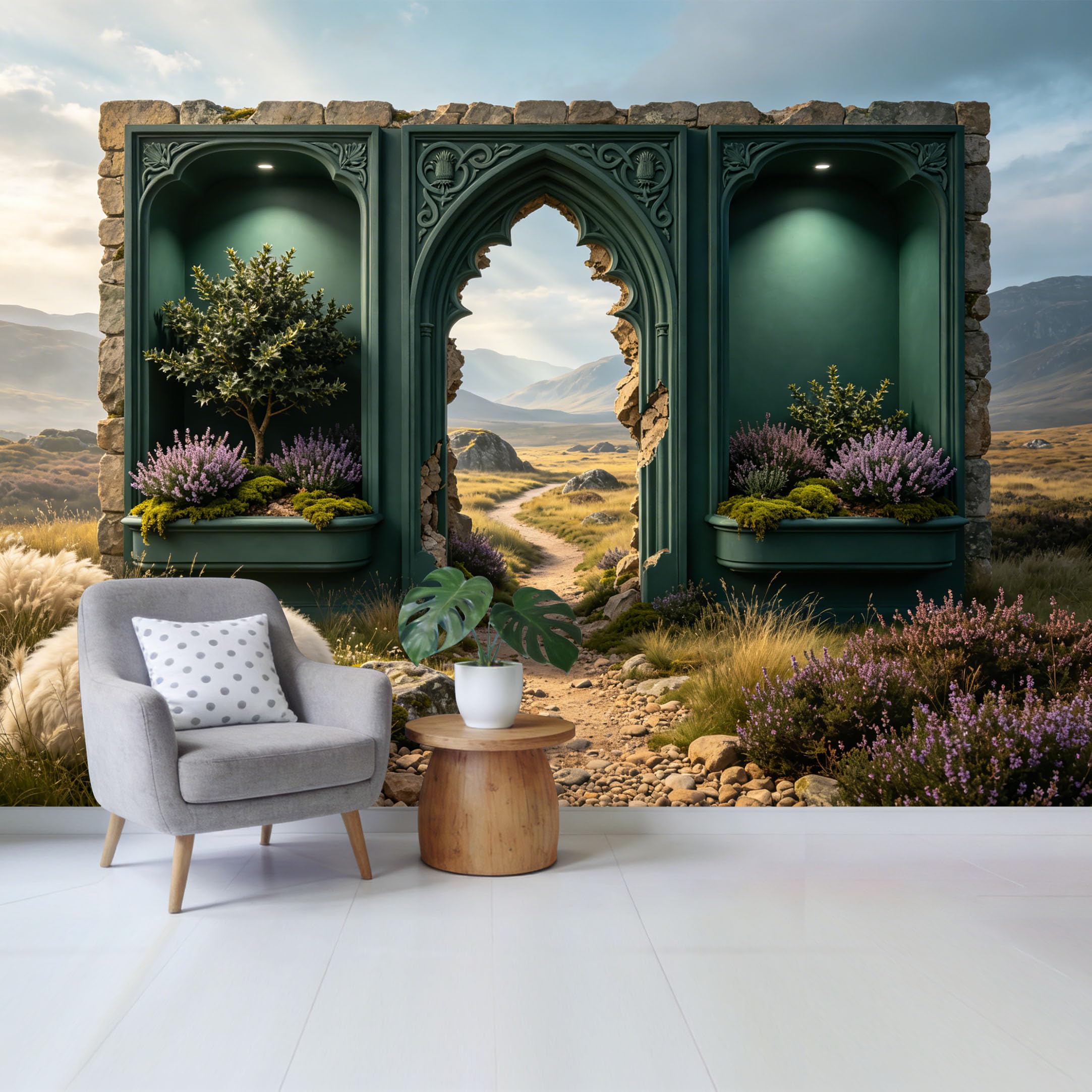 Custom Size Wall Mural Arched Stone Gate Pathway Mountain Landscape Botanical Garden Removable Self Adhesive Fabric Home Wall Decor for Living Room Bedroom Bathroom