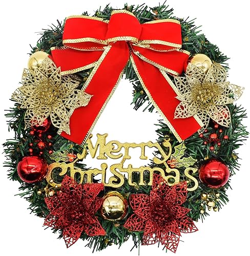 Corona de Navidad para puerta delantera, corona de Navidad artificial preiluminada, lazo rojo grande y bolas de colores, corona de vacaciones de