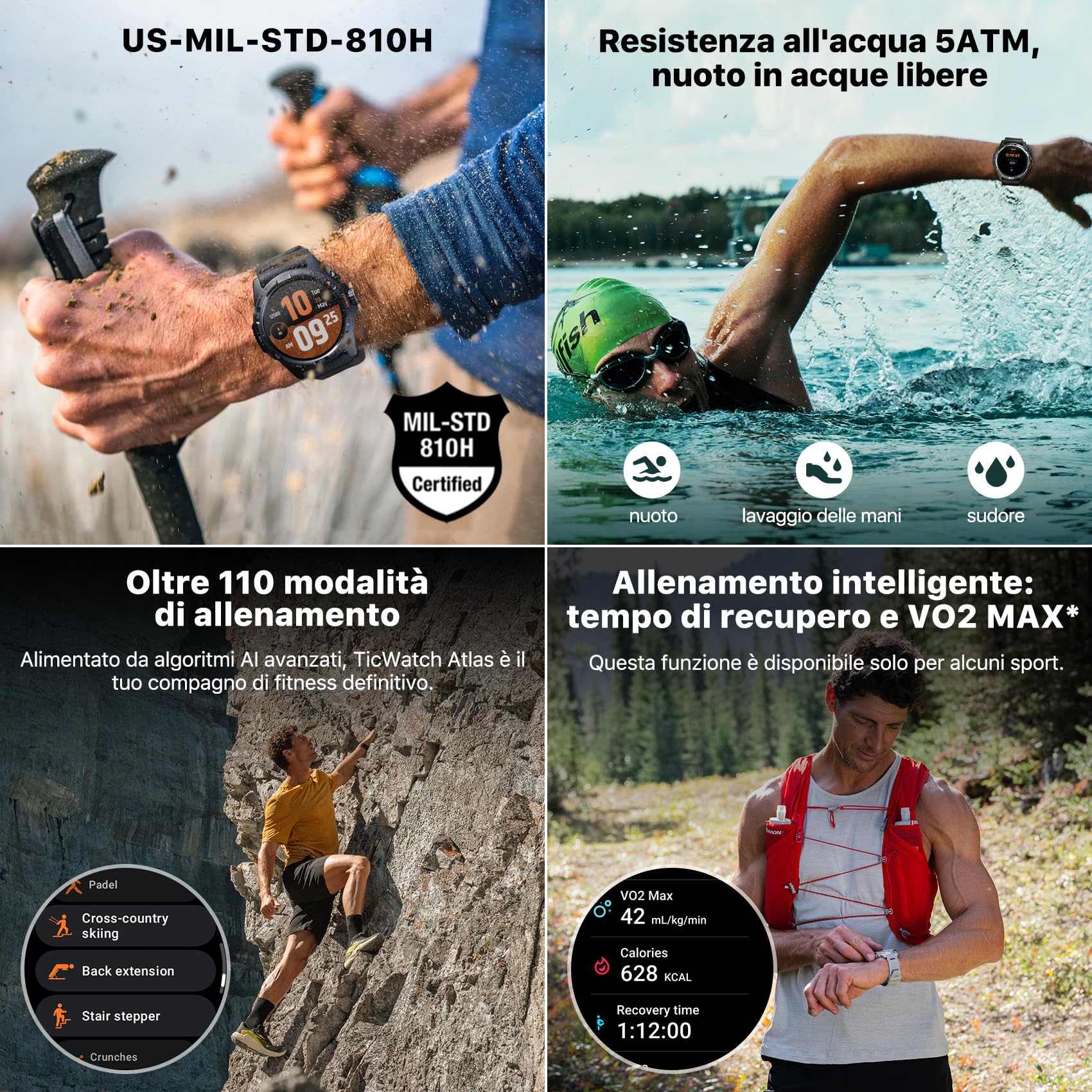 Ticwatch Atlas Smartwatch Android Wear OS 90 ore di batteria 110+ modalità di allenamento Mappa termica Rilevamento cadute Health Fitness Tracker 5ATM Bussola GPS Solo Android Compatibile Grigio