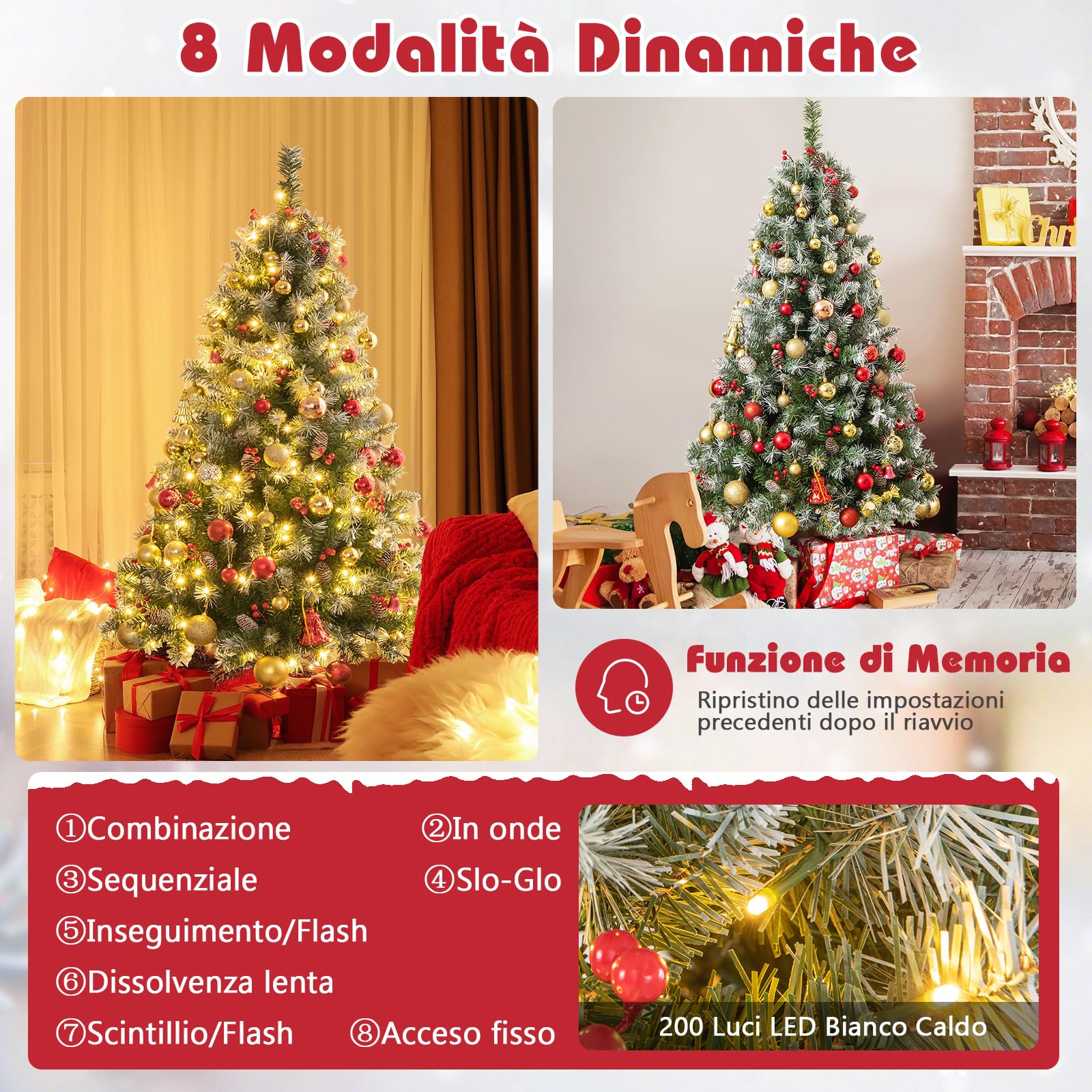 RELAX4LIFE Albero di Natale 150/200CM, Albero di Natale Verde Innevato con 200/420 Luci, 42/69 Pigne e 126/207 Bacche Rosse, Rami Rorte, per Casa e Negozio (200cm)