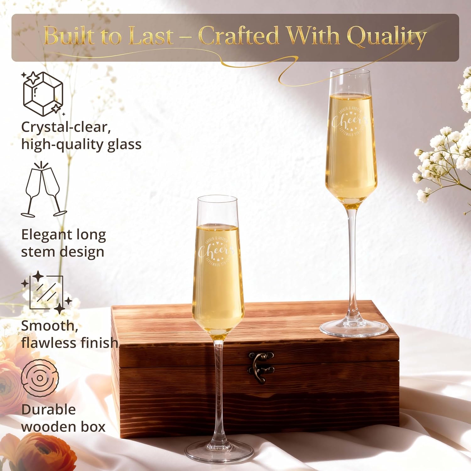 Set of 2 Personalized Couples Wedding Champagne Flute Glasses 8 oz – Custom Engraved Name & Date, Cheers, Toasting Flutes with Wooden Keepsake Box, Bottle Stopper & Corkscrew Opener