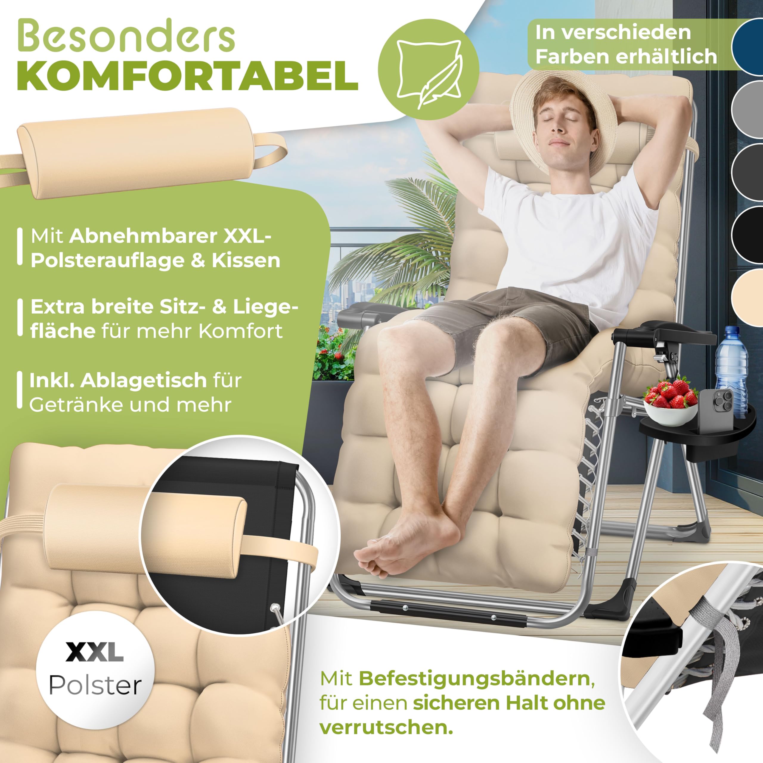 KESSER® Bain de soleil, Chaise longue de jardin, Coussin pour le cou + porte-boisson inc, coussin XXL, capacité 200kg, pliable & résistant aux intempéries, Chaise longue pliante Dossier réglable beige