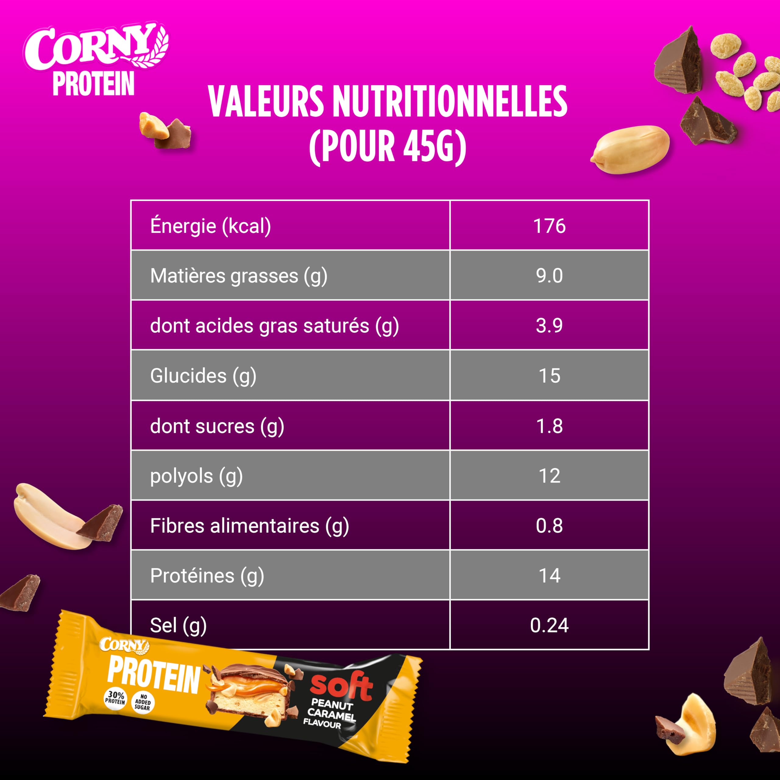 Barres protéinées, Corny Protein,Chocolat au Lait, Caramel et Cacahuètes,13,5 gr de protéines, 0% de sucres ajoutés, Pack de 12x45g, Taste the Power