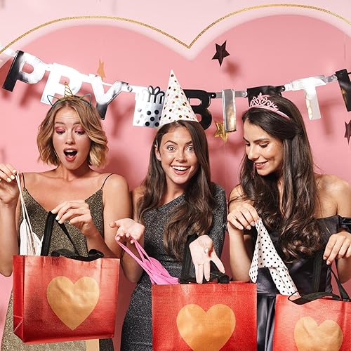 Miniatura 3 de Abbylike Bolsas de regalo rojas no tejidas con estampado de corazón dorado brillante de 13 x 5 x 11 pulgadas, bolsa de regalo reutilizable con