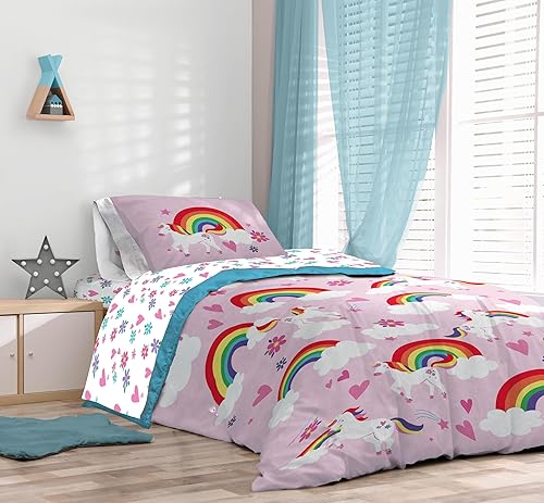 Miniatura 7 de Sunny Side Up Juego de edredón tamaño individual de unicornios arcoíris, ropa de cama infantil de 5 piezas, incluye edredón, sábanas y funda de