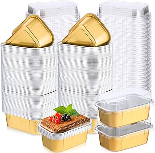 Vesici 100 Sets Mini Loaf Pans with Lids, 5.7 oz Disposable Aluminum Foil Baking Cups, Rectangle Cake Pans for Pudding Desserts Muffin Baking Storage Wedding Birthday Party Supplies (Gold)