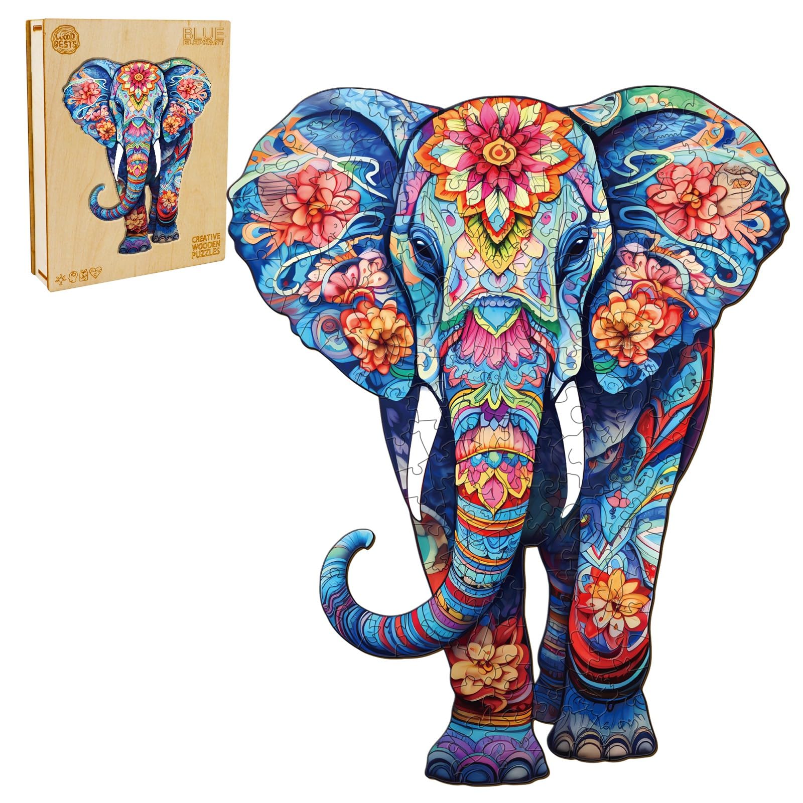 Puzzle in Legno per Adulti - 210 Pezzi, Elefante, 27,3 x 34 cm - Irregolare e Unico, a Forma di Animale - Con Confezione Regalo
