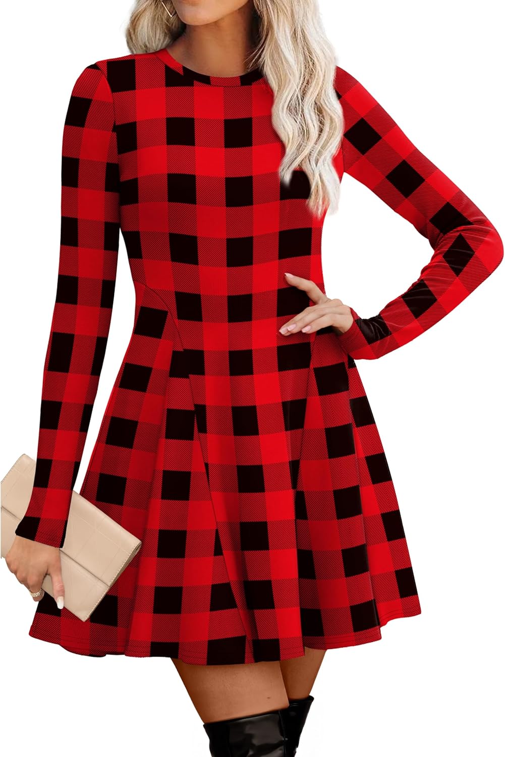 OFEEFAN Sweater Dress for Women Fall 2025 Long Sleeve Crew Neck Ribbed Knit Fit and Flare A-Line Dresses