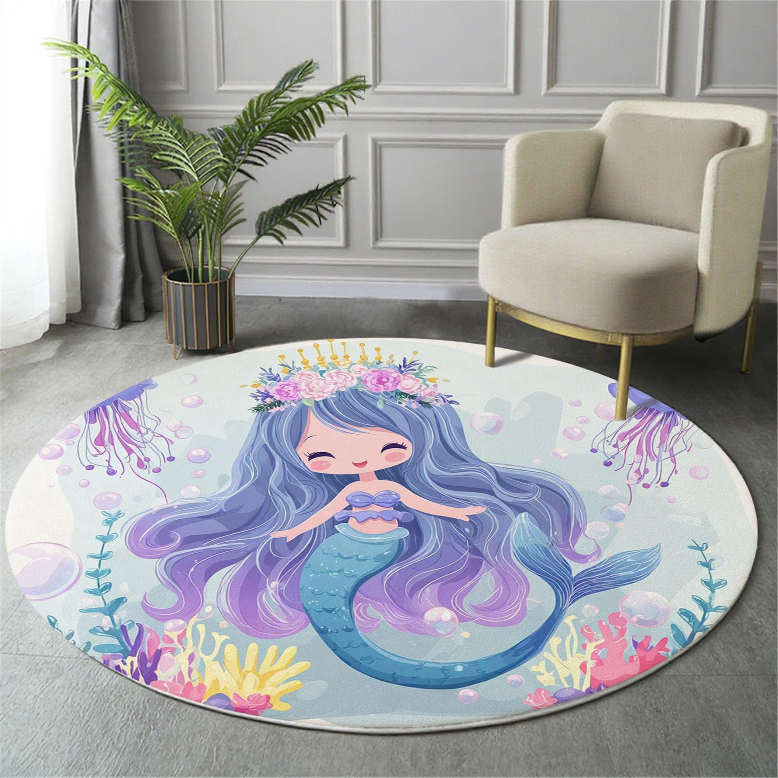 Waschbarer Teppich Rund 120Cm Süße Cartoon-Meerjungfrau-Prinzessin Teppiche Schlafzimmer - Waschbarer Kurzflor-Runder Teppich Mit Rutschfester Unterseite Für Esszimmer & Sund Kinderzimmer Hellblau