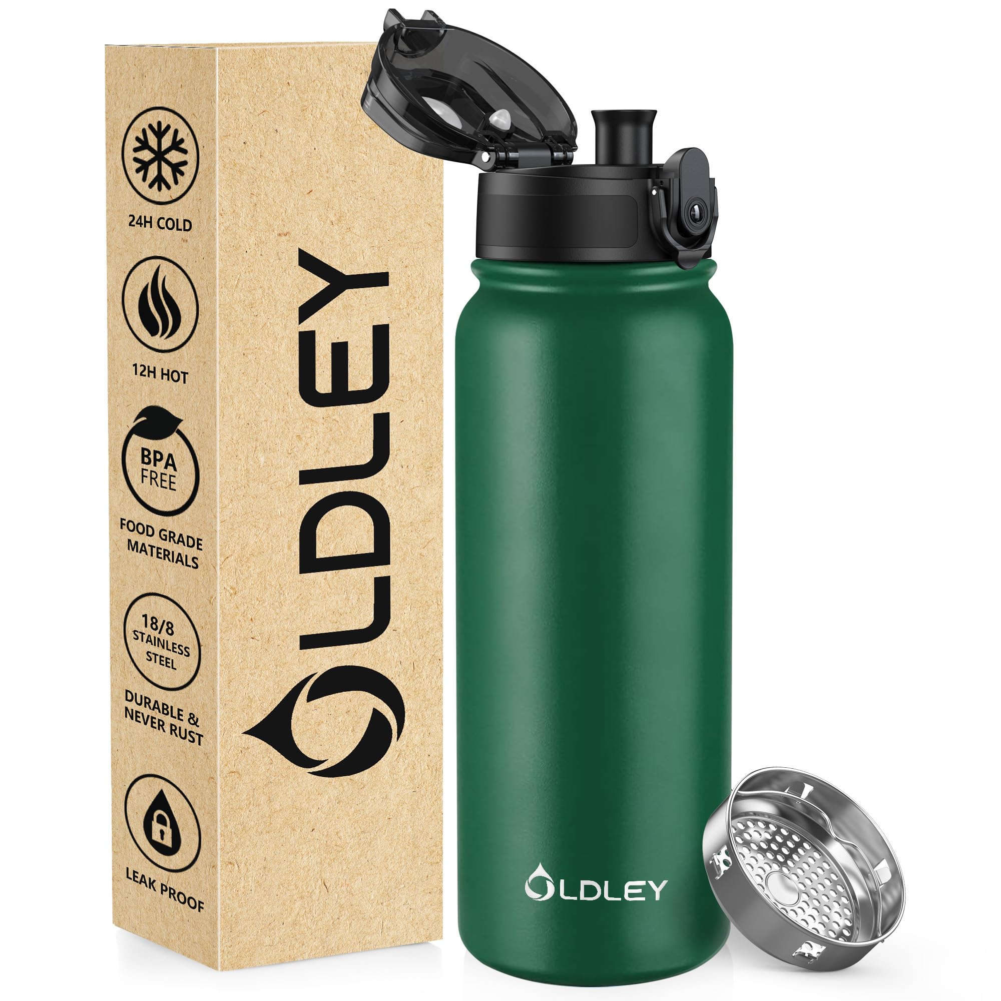OLDLEY 600ml/20oz Stainless Steel Water Bottle Double Walled Vacuum Flask Keep Drink Hot and Cold Leakproof BPA Free 600ML Metal Insulated Water Bottle for Sport School Outdoor Hiking (Mountain Green) โ image 1