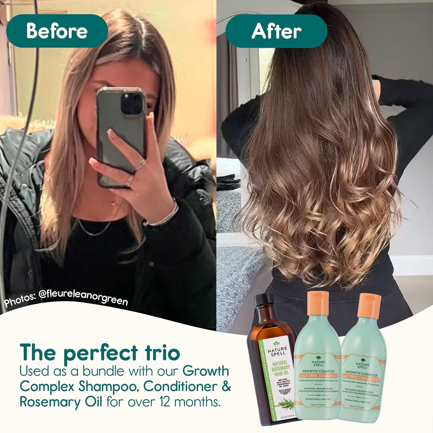 Nature Spell Hair Growth Complex Shampoo & Conditioner Set for All Hair Types, Sulfate & Paraben Free, Nourishing & Strengthening with Hyaluronic Acid & Vitamin B5, Vegan, Pack of 2, 10.14 fl oz Each