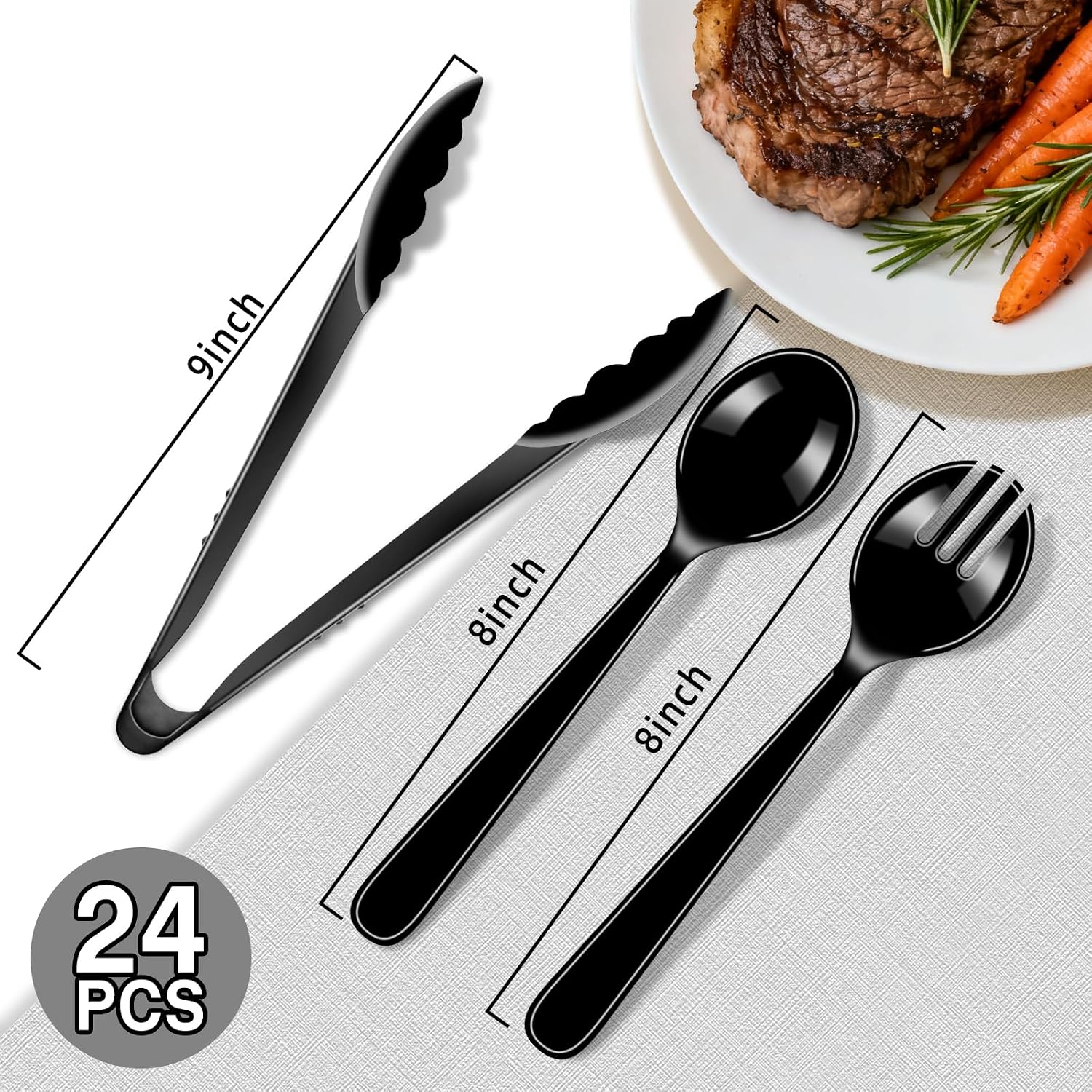 24 Pcs Black Plastic Serving Utensils Set, Disposable & Reusable Supplies image 2
