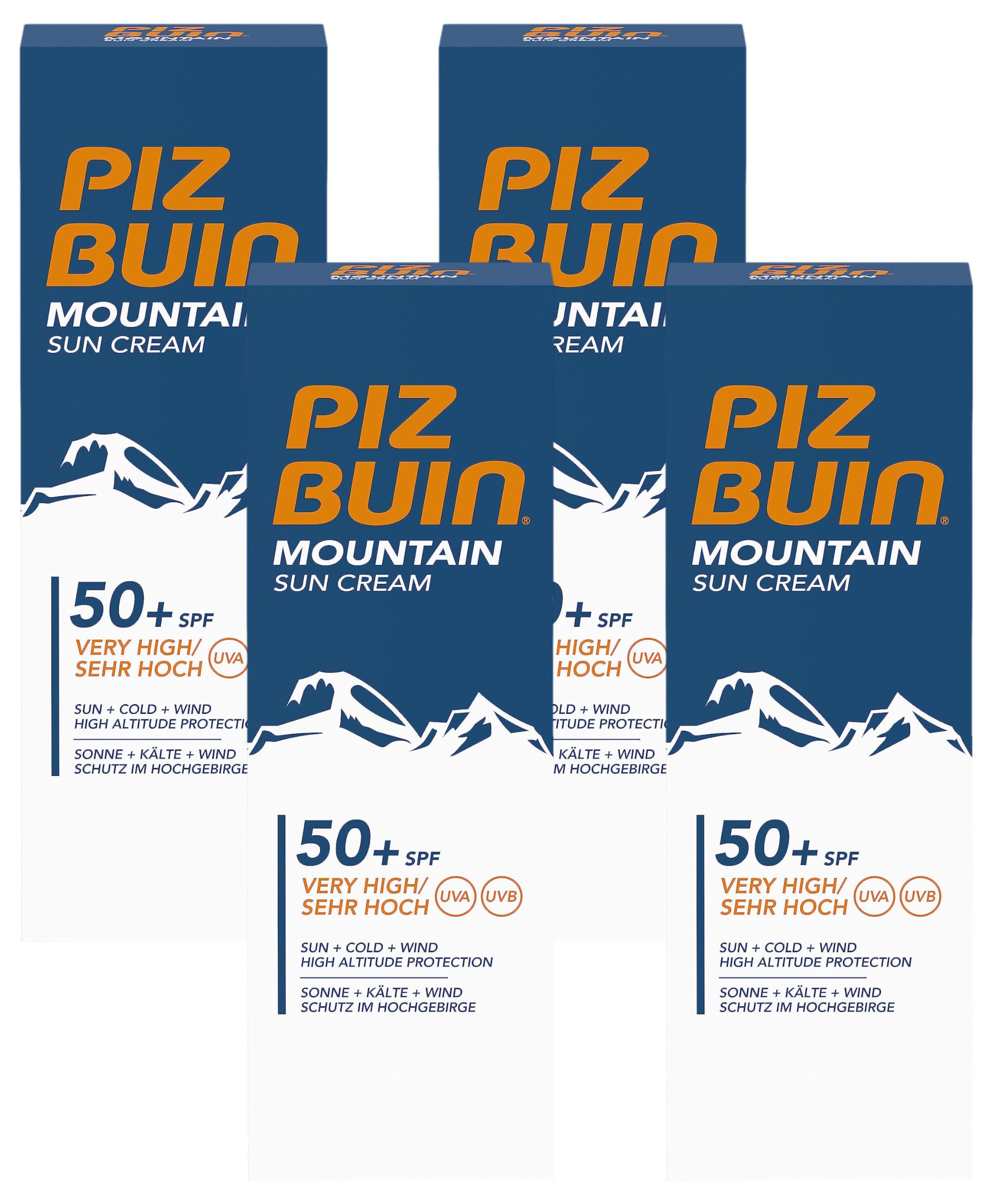 Piz Buin Mountain Sun Cream, Sonnencreme, Sonnenschutz Wintersport, Hoher Schutz vor Sonnenbrand, Kälte und Wind, LSF 50+, 50 ml (Packung mit 4)