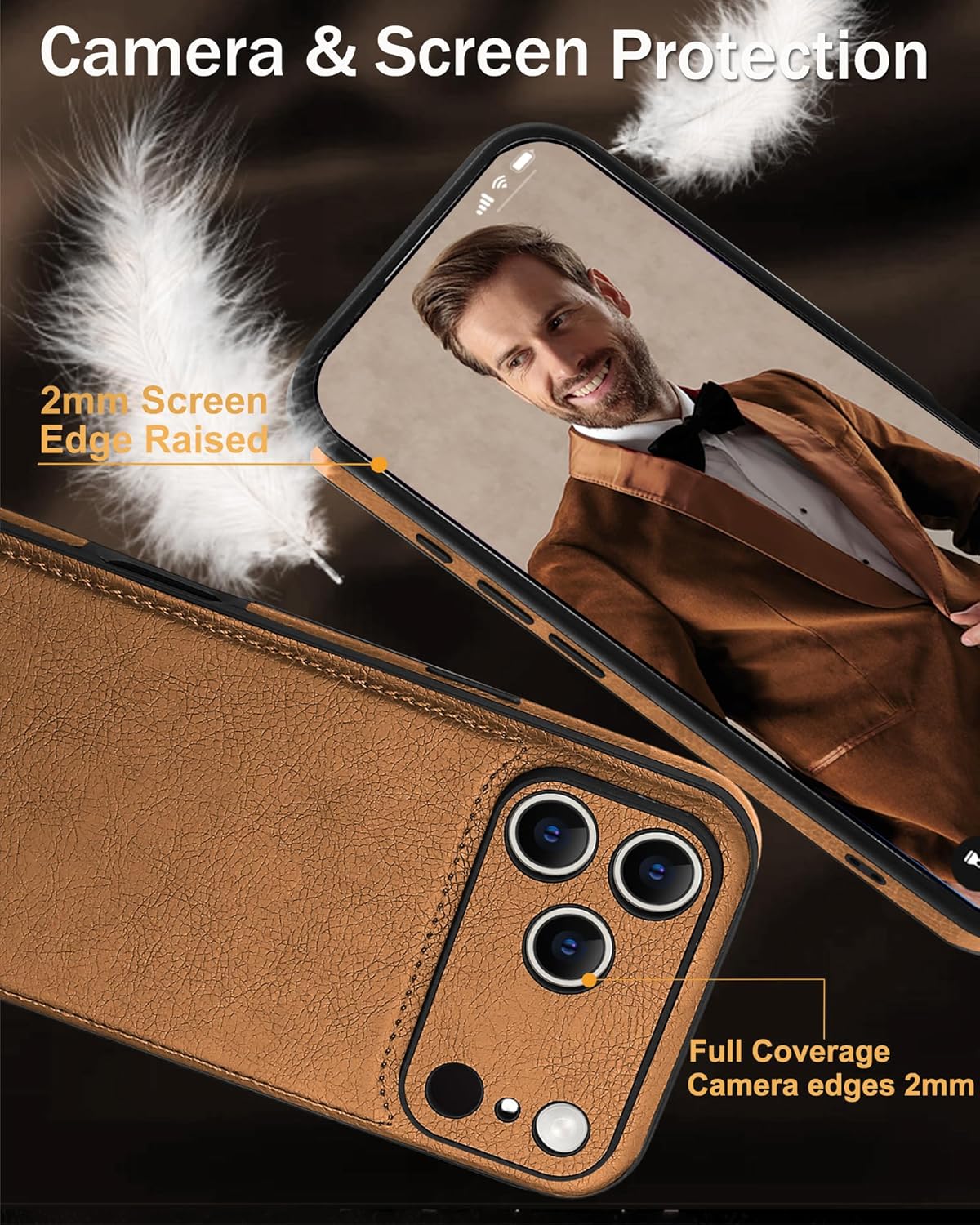 for iPhone 17 Pro Case Leather,Vintage Classic PU Leather Luxury Business Camera Frame Protection Cover,Soft Non-Slip Grip Anti-Scratch Shockproof Case for iPhone 17 Pro(Brown) - Image 3