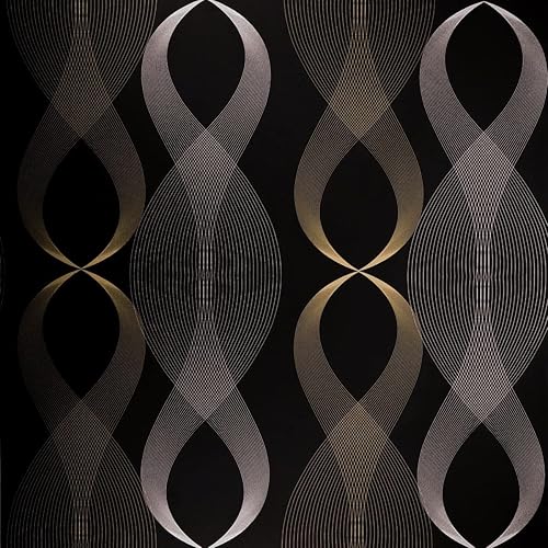Papel tapiz de rayas de 177 x 196 pulgadas papel de contacto negro moderno papel de contacto negro y dorado papel tapiz de ondas extraíble película