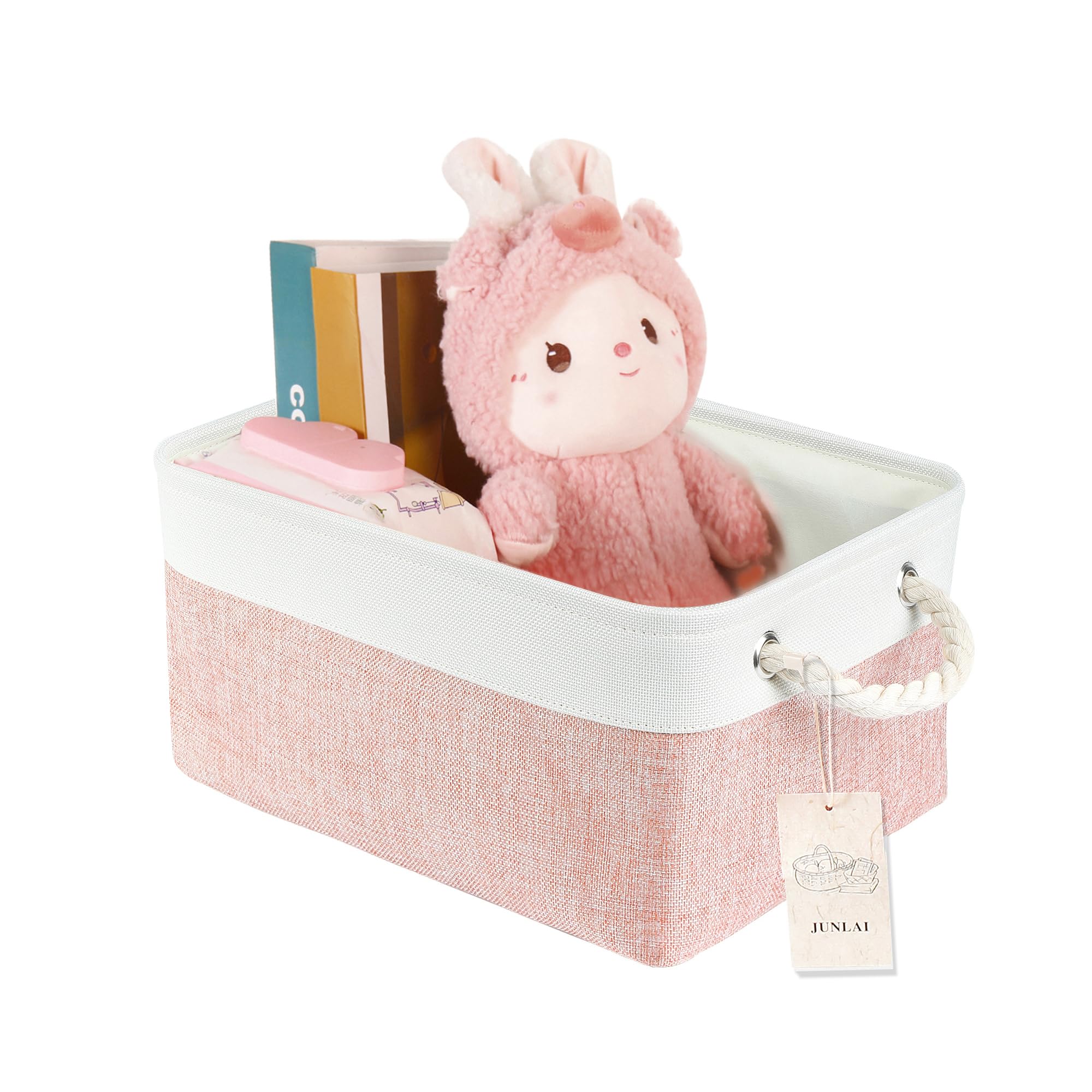 Storage Baskets with Handles, Foldable Small Storage Box, Fabric Wardrobe Storage Basket for Office & Home, Book, Clothes, Toys(Pink and White, Small)