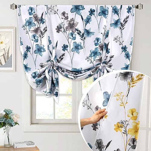 Vista 11 de H.VERSAILTEX Cattleya - Cortinas reversibles con estampado floral y bolsillo para barra para ventana pequeña, reversible en azul/oliva, 42 pulgadas