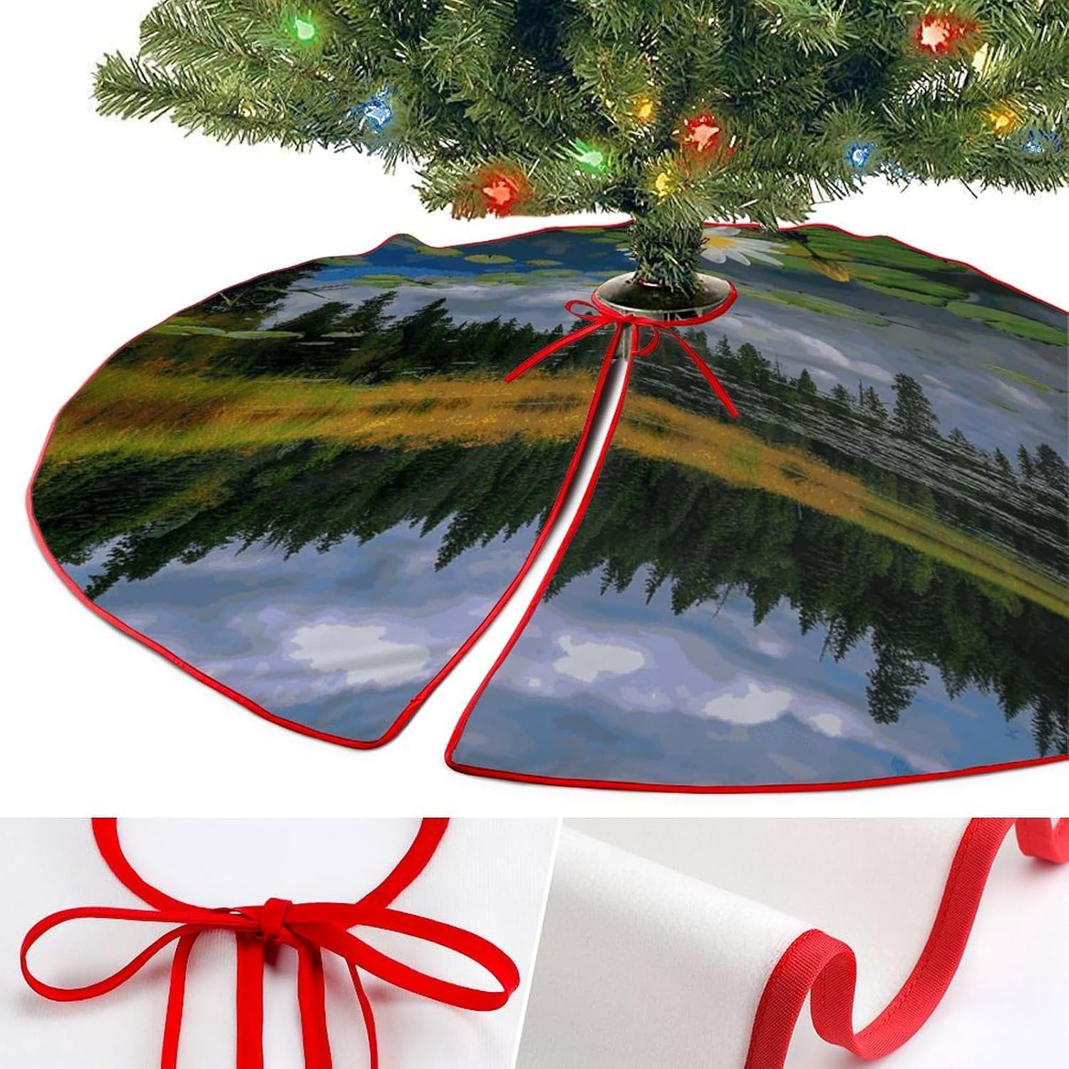 Christmas Tree Skirt,for Xmas Tree Holiday Party Decorations Flower Lake Pond Printed Christmas Tree Mat Red Lace-up Christmas Tree Dress