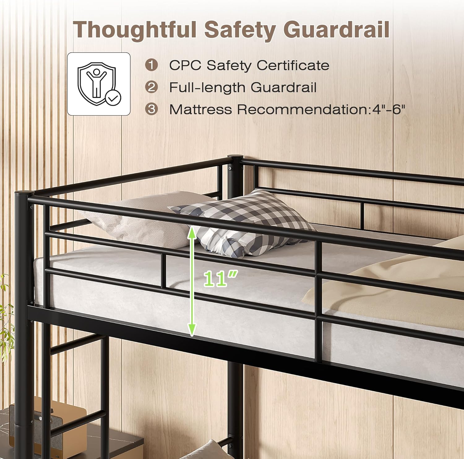 VECELO Bunk Bed Twin Over Twin, Metal Bunkbeds with Ladder and Full-Length Guardrail, No Box Spring Needed, Space Saving, Noise Free, Black