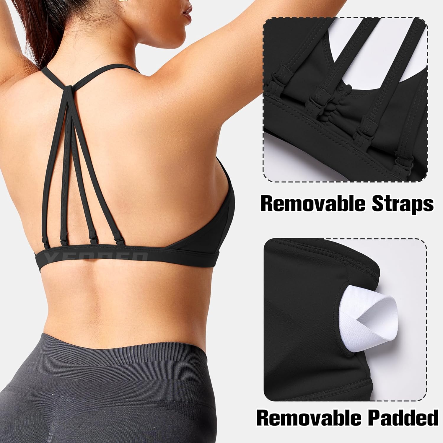 YEOREO Workout Sports Bras for Women Padded Strappy Open Back Gym Bra Light Impact Criss Cross Yoga Crop Top - Image 4