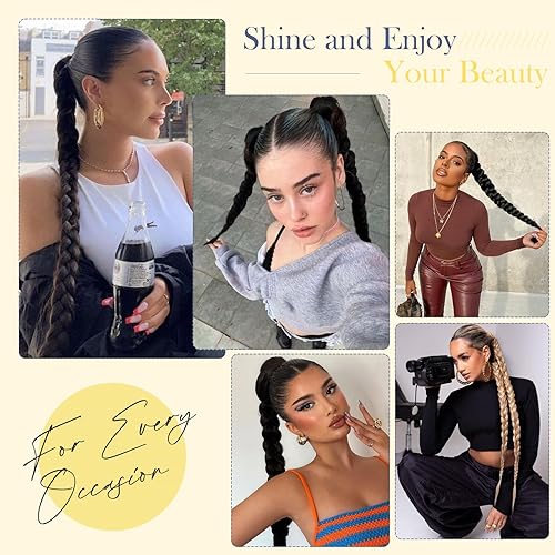 Miniatura 6 de Extensión de cola de caballo trenzada de 26 pulgadas de largo con banda para el cabello, rubio ceniza, lacio, envolvente para mujeres, sintético, de