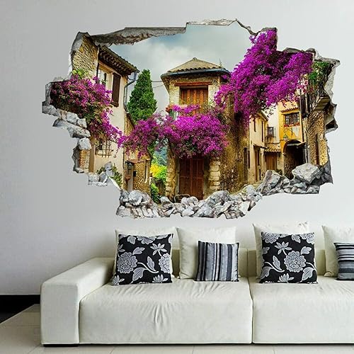 Miniatura 3 de Calcomanías de pared rotas en 3D, Village Mesta, Isla de Quíos, Grecia, 36 x 24 pulgadas, vinilo de pared extraíble, despegar y pegar, decoración de
